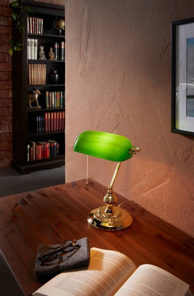 EGLO Tafellamp BANKER Lamp voor bureau, in messing en groen, met trek-schakelaar, E27 (1 stuk)