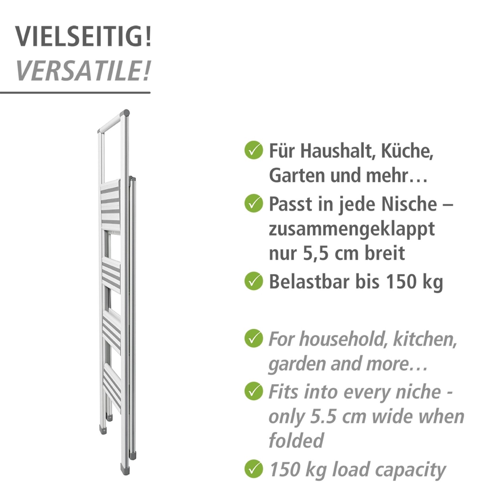 WENKO Huishoudtrapje Model Alu-Design Aluminium-design, XXL-treden, plat inklapbaar