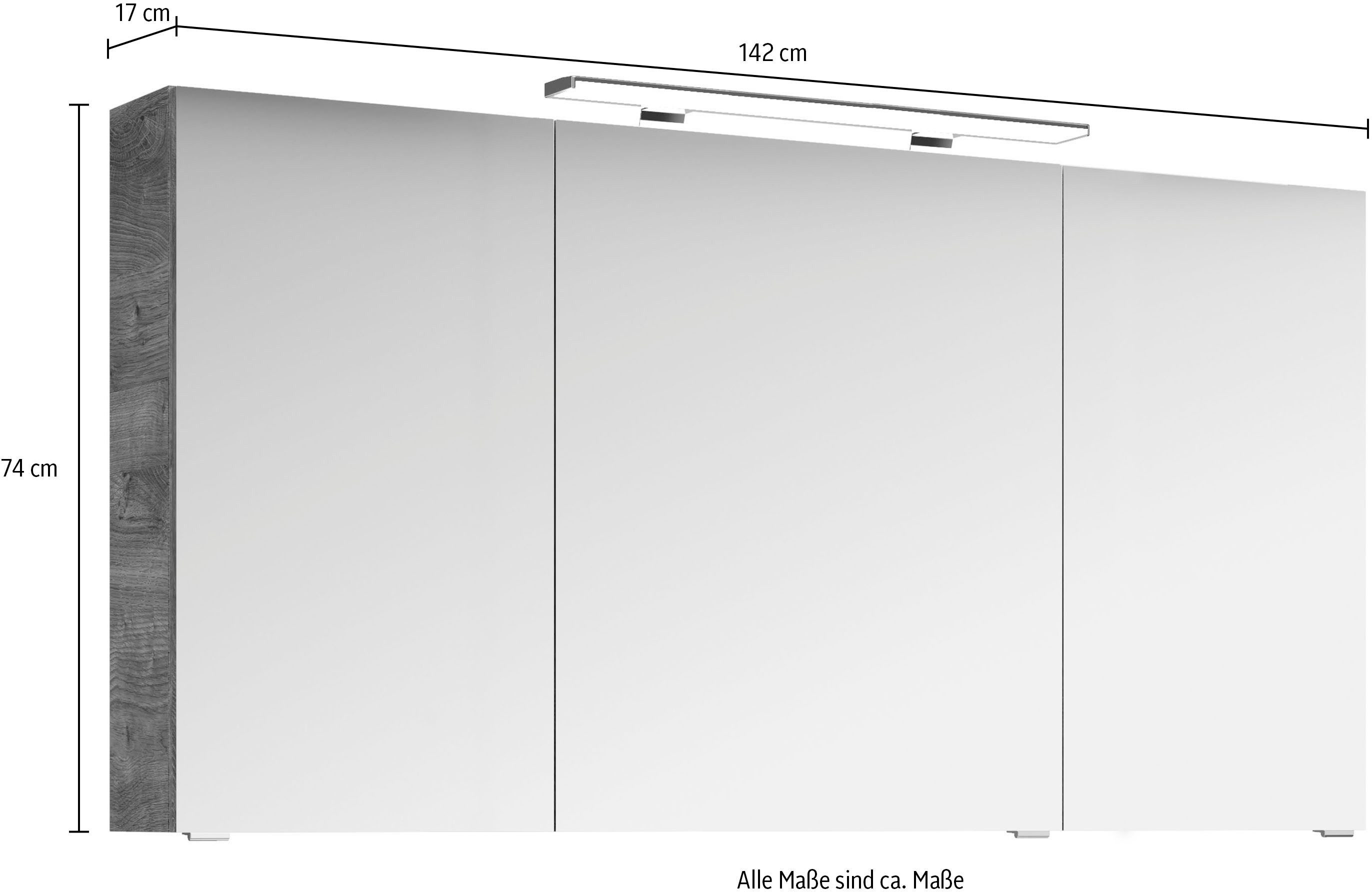 Saphir Badkamerspiegelkast Serie 4010 badkamer spiegelkast incl. LED-opbouwlamp Badkast 140 cm breed, 3 deuren, 6 glazen legplanken, incl. deurdemper