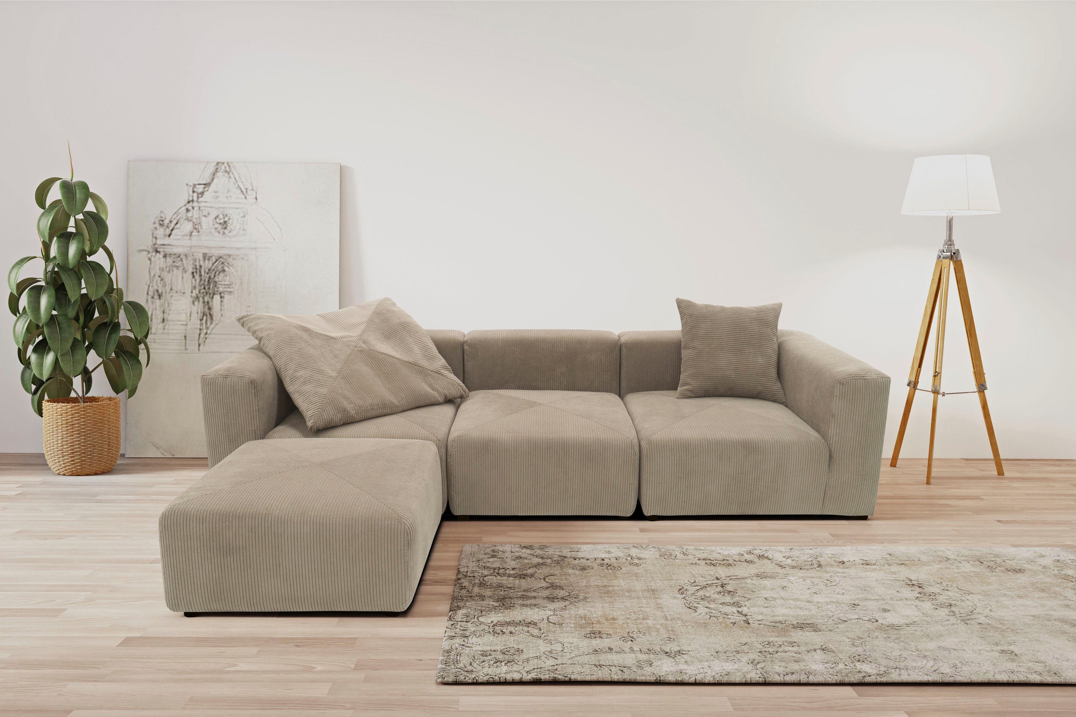 RAUM.ID Hoekbank Gerrid L-vorm Ribfluwelen bekleding, modulaire bank, bestaande uit hoek- en tussenelement + voetenbank/poef bruin, hoekbanken