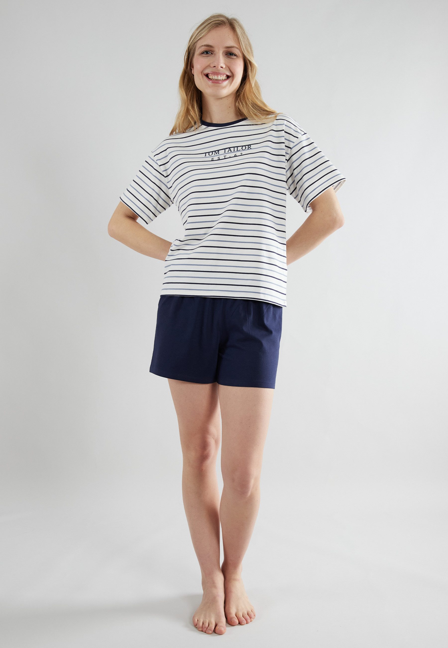Tom Tailor Shortama Tijdloos trendy streepdesign (2-delig) dames shortama's maat 40 blauw