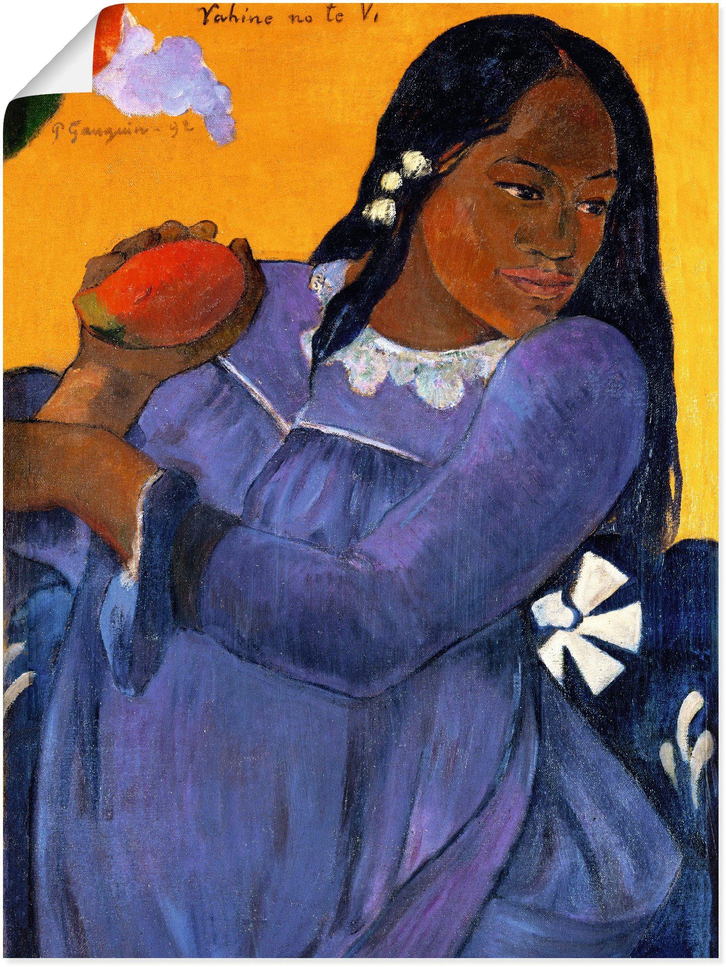 Artland Artprint Vrouw in blauwe jurk met mangovrucht in vele afmetingen & productsoorten -artprint op linnen, poster, muursticker / wandfolie ook geschikt voor de badkamer (1 stuk