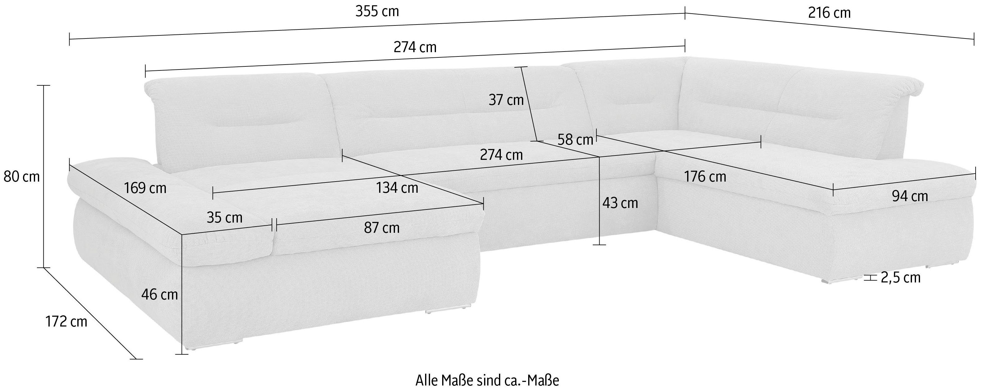 INOSIGN Zithoek Avesa U-vorm Naar keuze met verstelbare armleuningen en slaapfunctie, bxdxh: 355x216x80cm