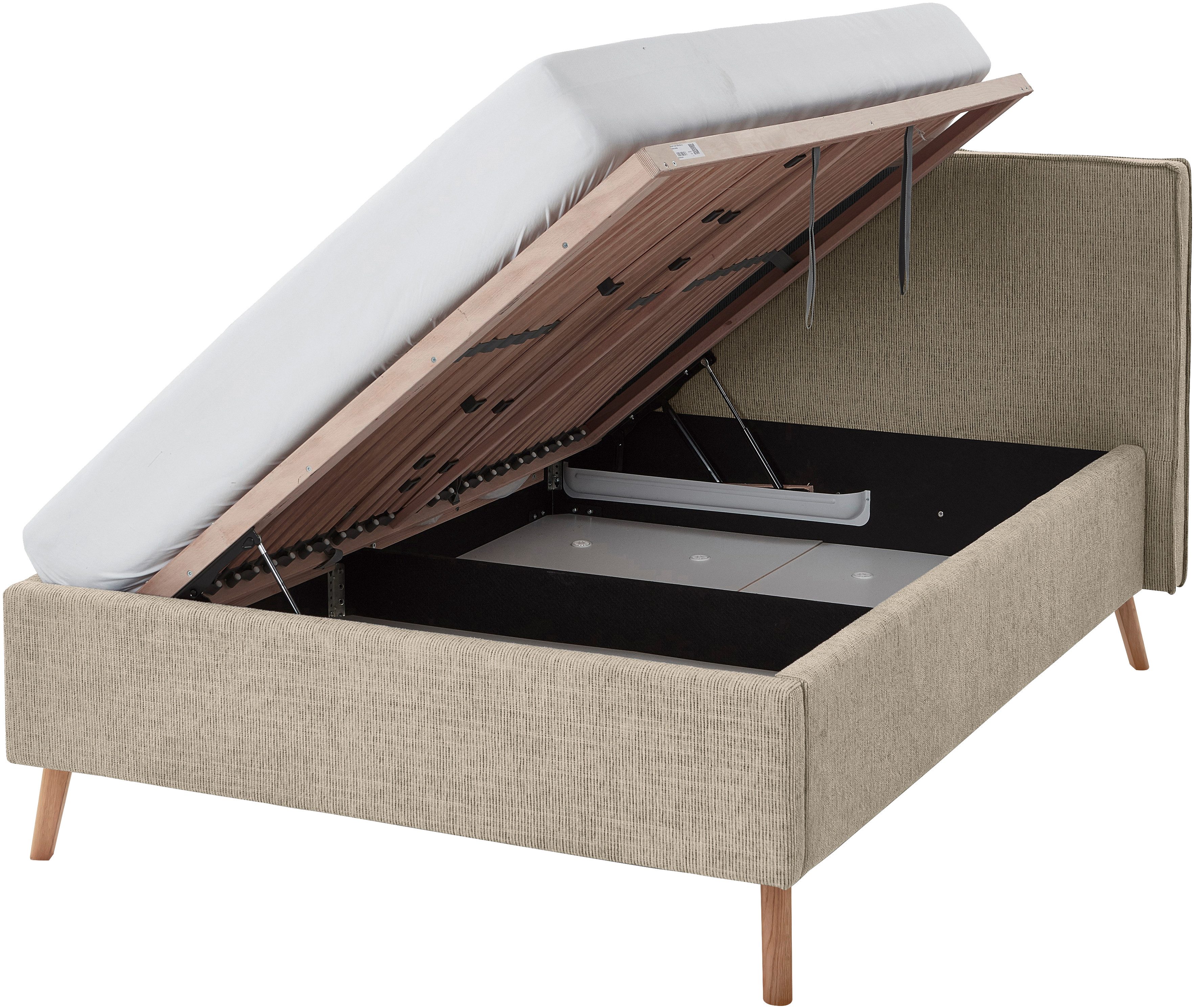meise.möbel Gestoffeerd bed Riva met eikenkleurige houten poten, naar keuze met bedkist en lattenbodem