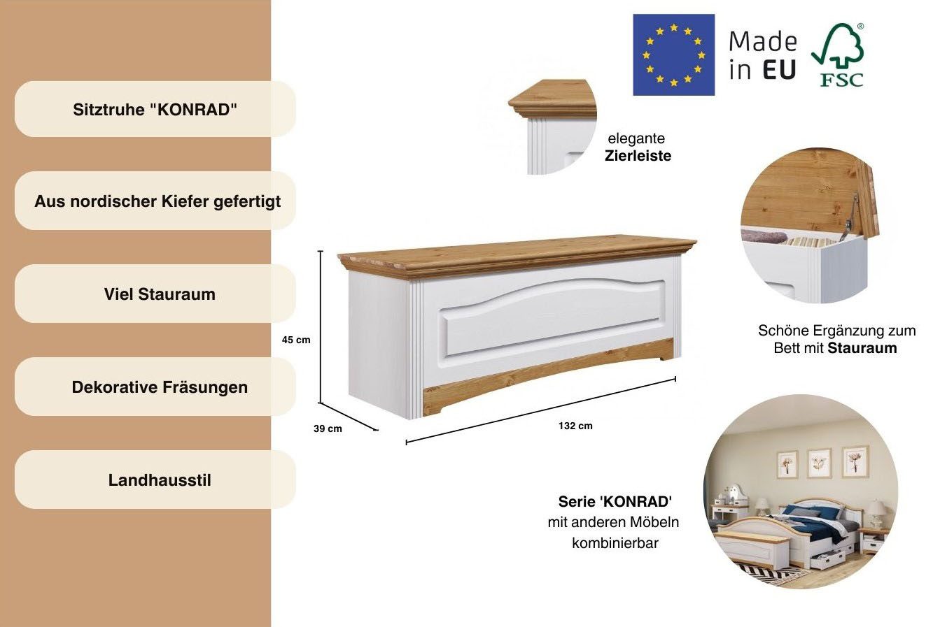 Home affaire Slaapkamerbankje Konrad van massief, fsc®-gecertificeerd grenen