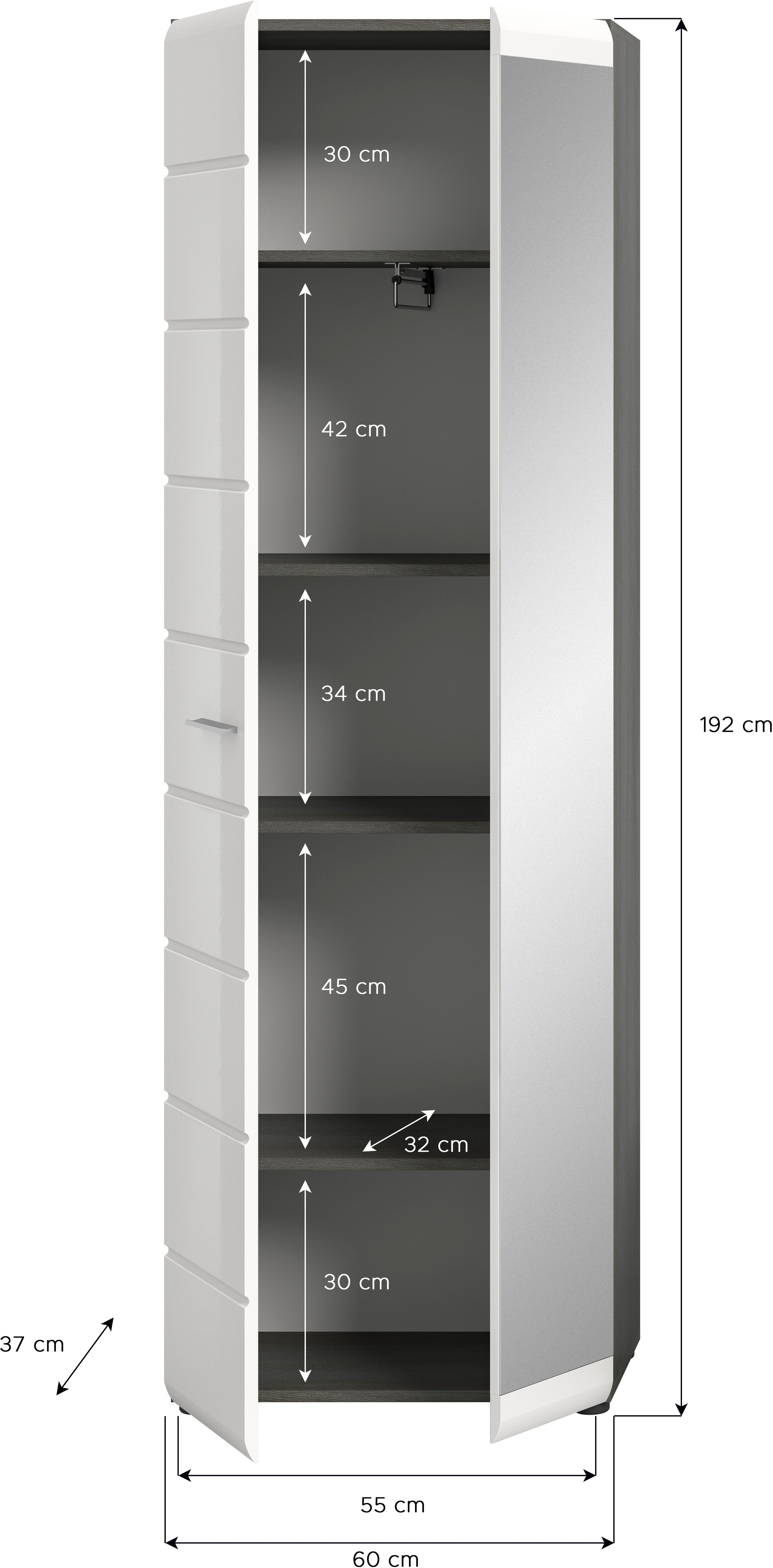 INOSIGN Kledingkast Rumba, Hoogte 192 cm, 1 Hoogglans deur, 1 Spiegeldeur, 4 legplanken,