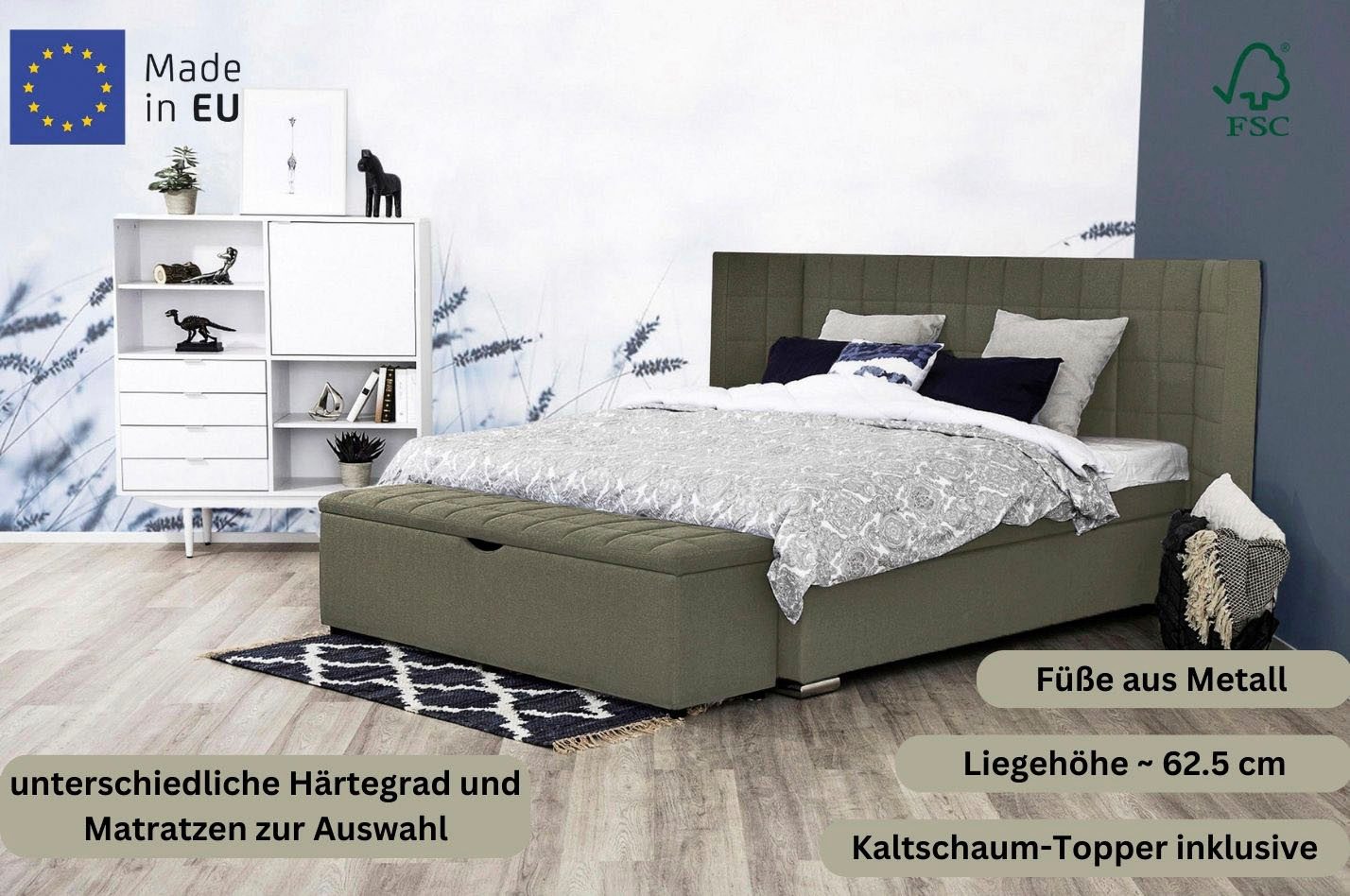 Places of Style Boxspring Piazza met stiksels en hoofdbord met vleugels opzij