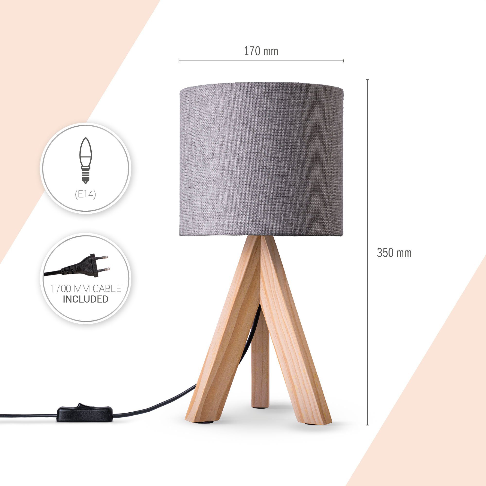 Paco Home Tafellamp BAJO CANVAS UNI COLOR Driepotig massief hout, textielscherm uni linnen, Ø 17 cm, H. 35 cm