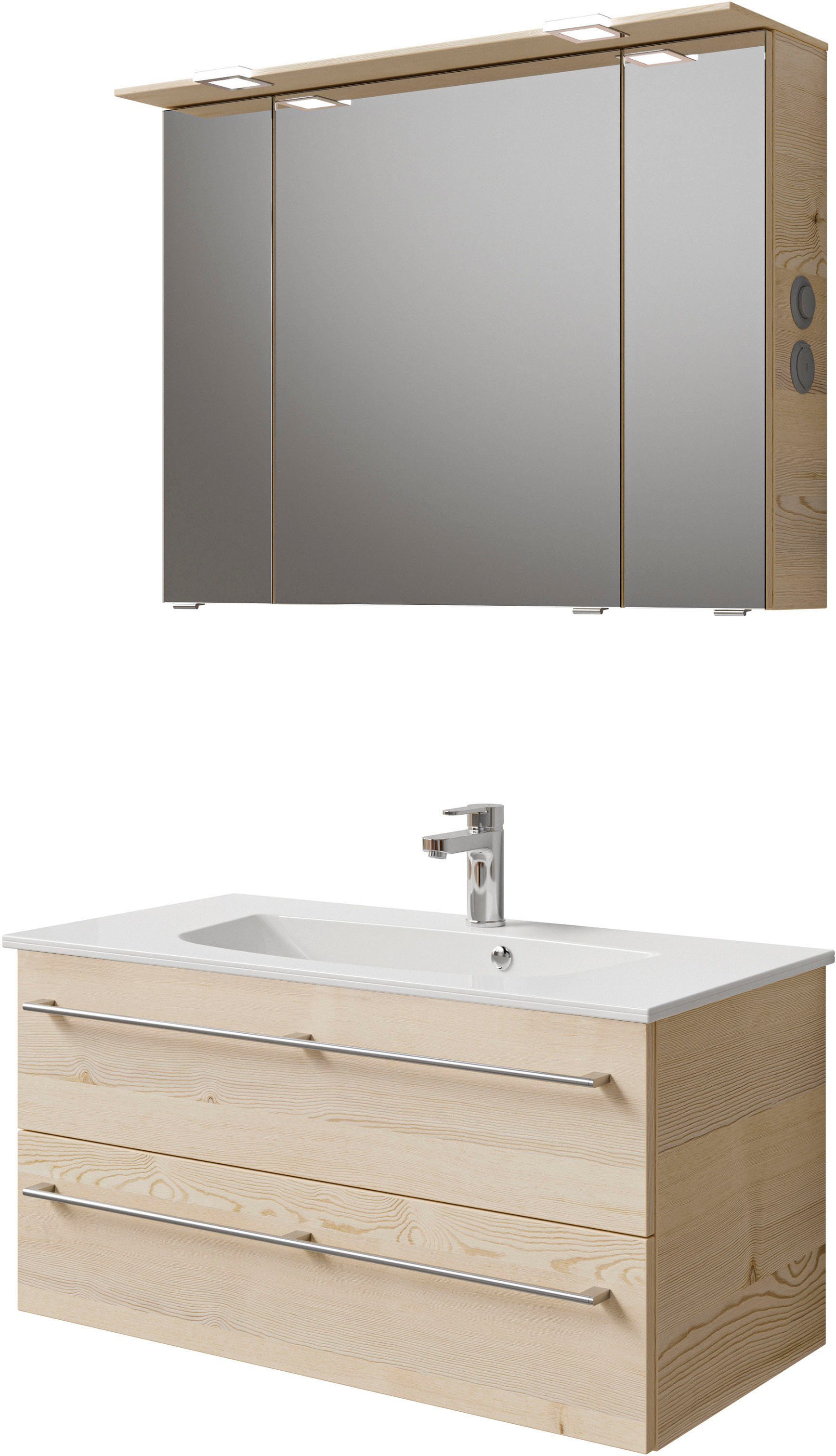 Saphir Badkamerserie Serie 6025 2-delig, mineraalmarmeren wastafel met led-spiegelkast Wastafelmeubel 97 cm breed, 2 laden, 3 spiegeldeuren, incl.