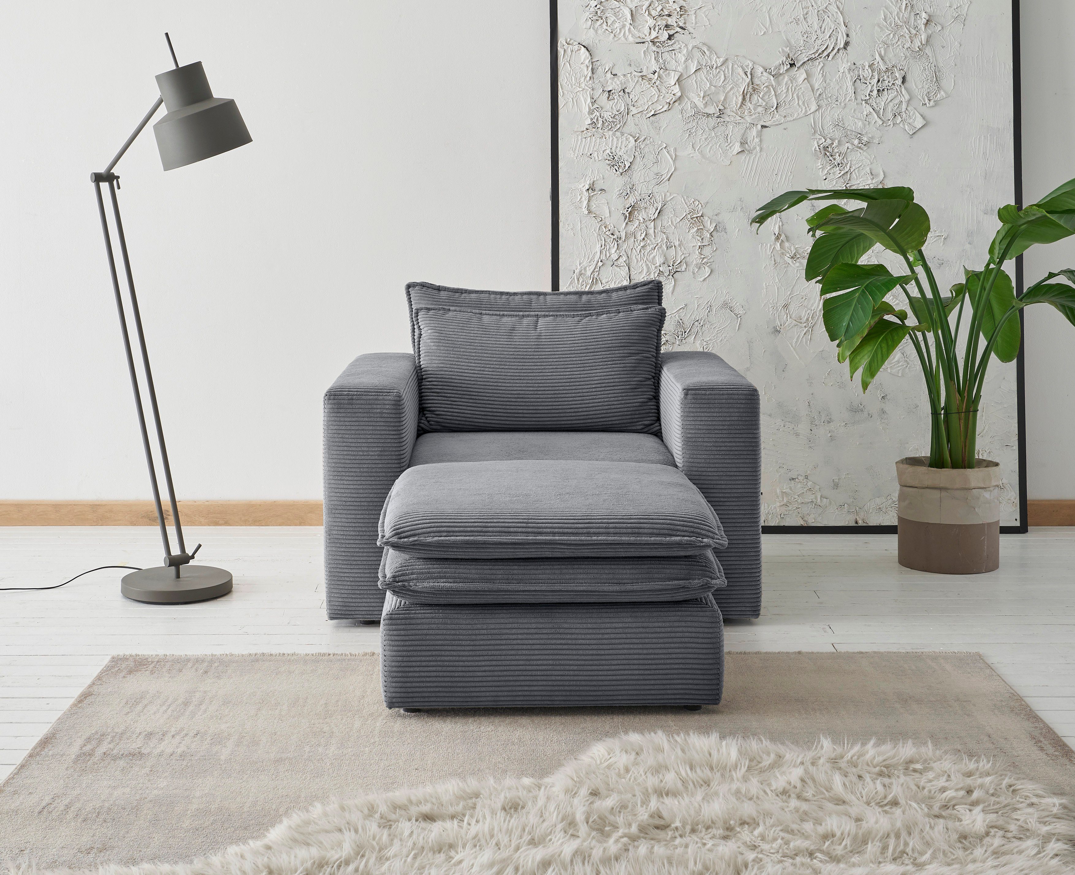 Places of Style Zithoek PIAGGE Hoogwaardige cord, fauteuil en hocker klein als set (2-delig)