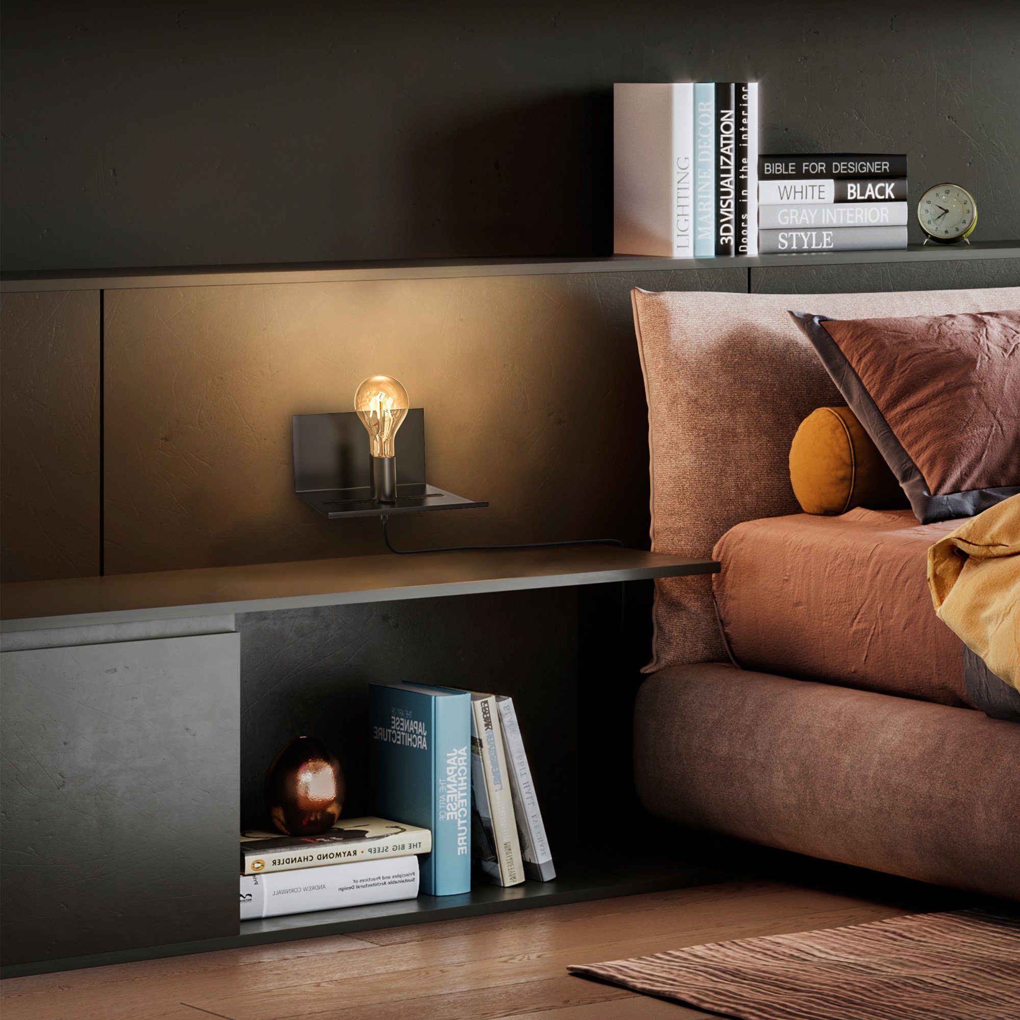 B.K.Licht Wandlamp verstelbare wandlamp met plank, kabelschakelaar, zwart, 1-vlamig