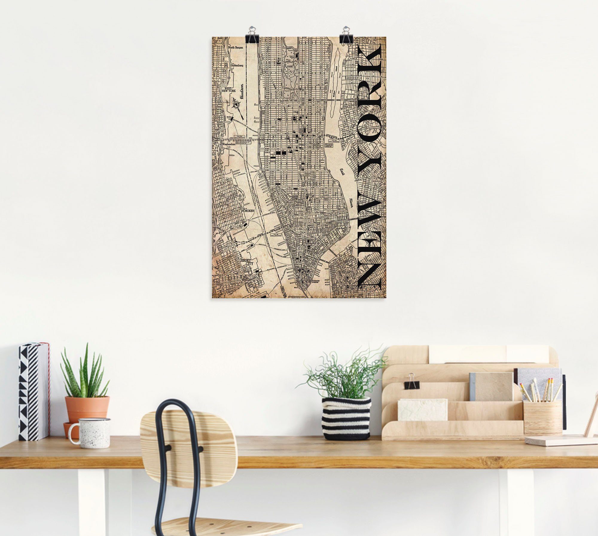 Artland Artprint New York kaart straten kaart Grunge als artprint op linnen, poster in verschillende formaten maten