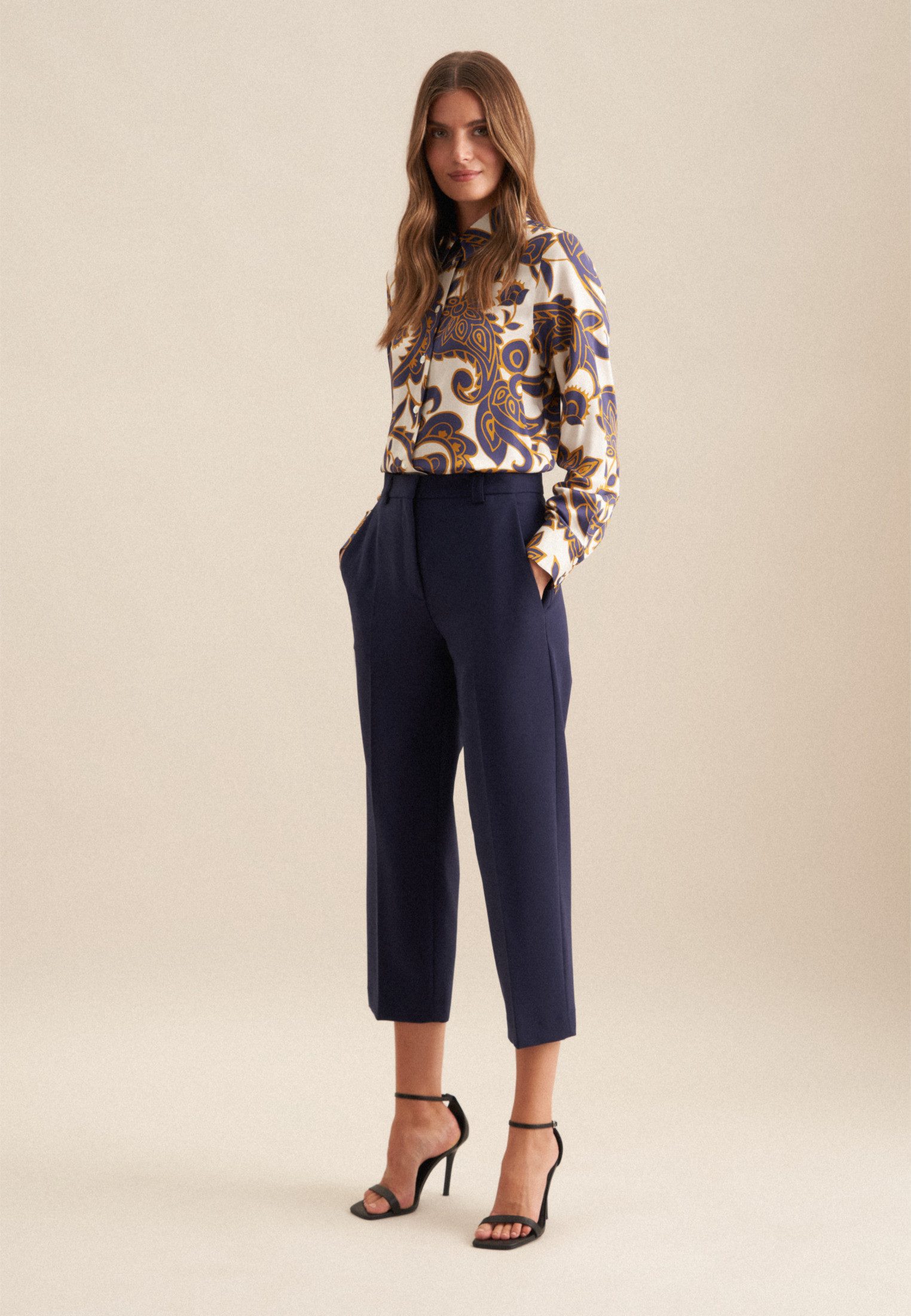 seidensticker Overhemdblouse Zwarte roos Lange mouwen kraag paisley