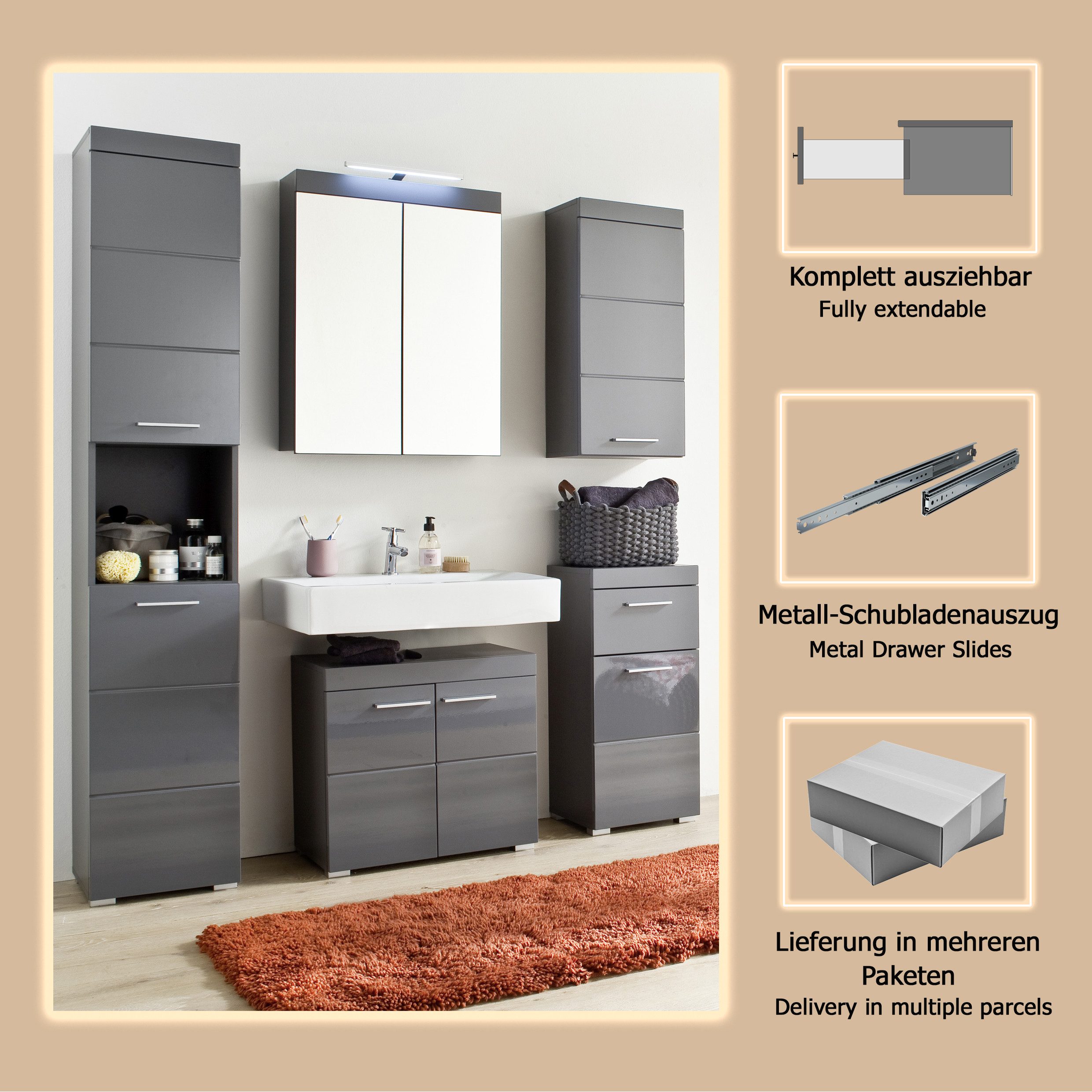 welltime Badkamerserie Avena Hoge kast, WBU, spiegelkast, commode, hangkast u. verlichting (set, 5-delig)
