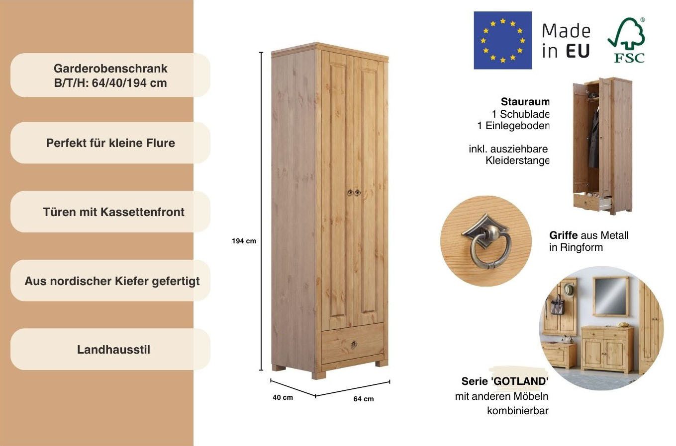 Home affaire Kledingkast Gotland, draaideurkast, garderobe van massief grenen, fsc®-gecertificeerd, hoogte 193 cm