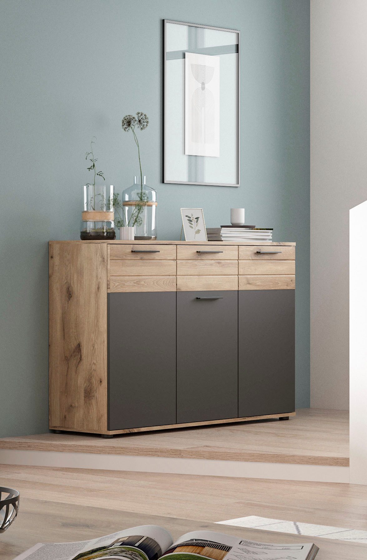 INOSIGN Dressoir Riga, Breedte 120 cm, 3 Deuren, 1 Lade, 5 Planken, 8 Vakken hoogwaardige groeffrezen, met softclose, commode, dressoir, kast