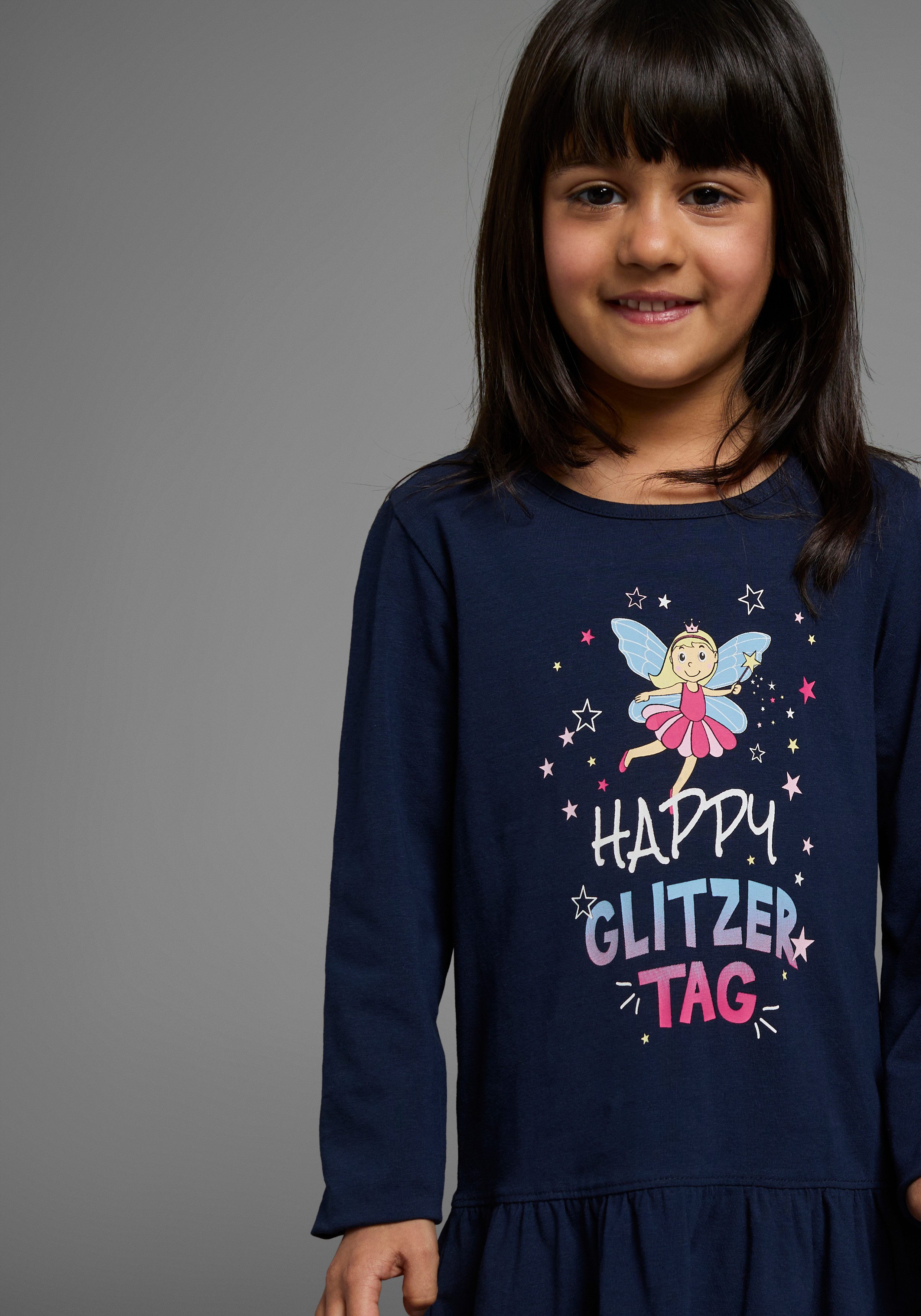 KIDSWORLD Jerseyjurk HAPPY GLITZER TAG knie-vrije lengte, speelse look, van katoenmix