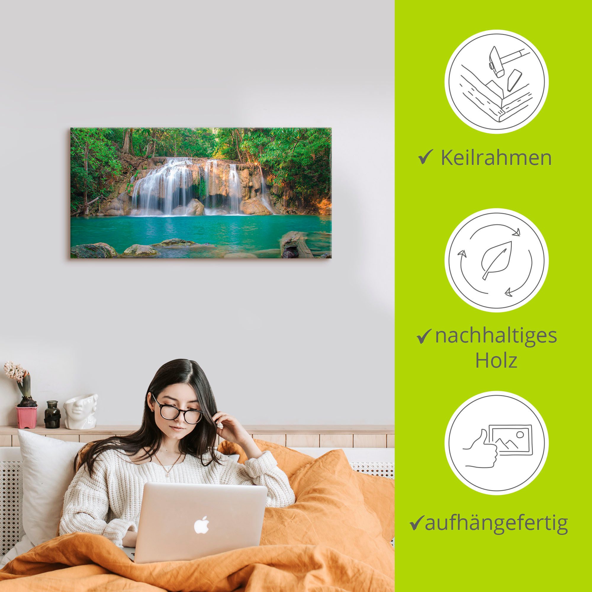 Artland Artprint op linnen Waterval in het bos nationaal park