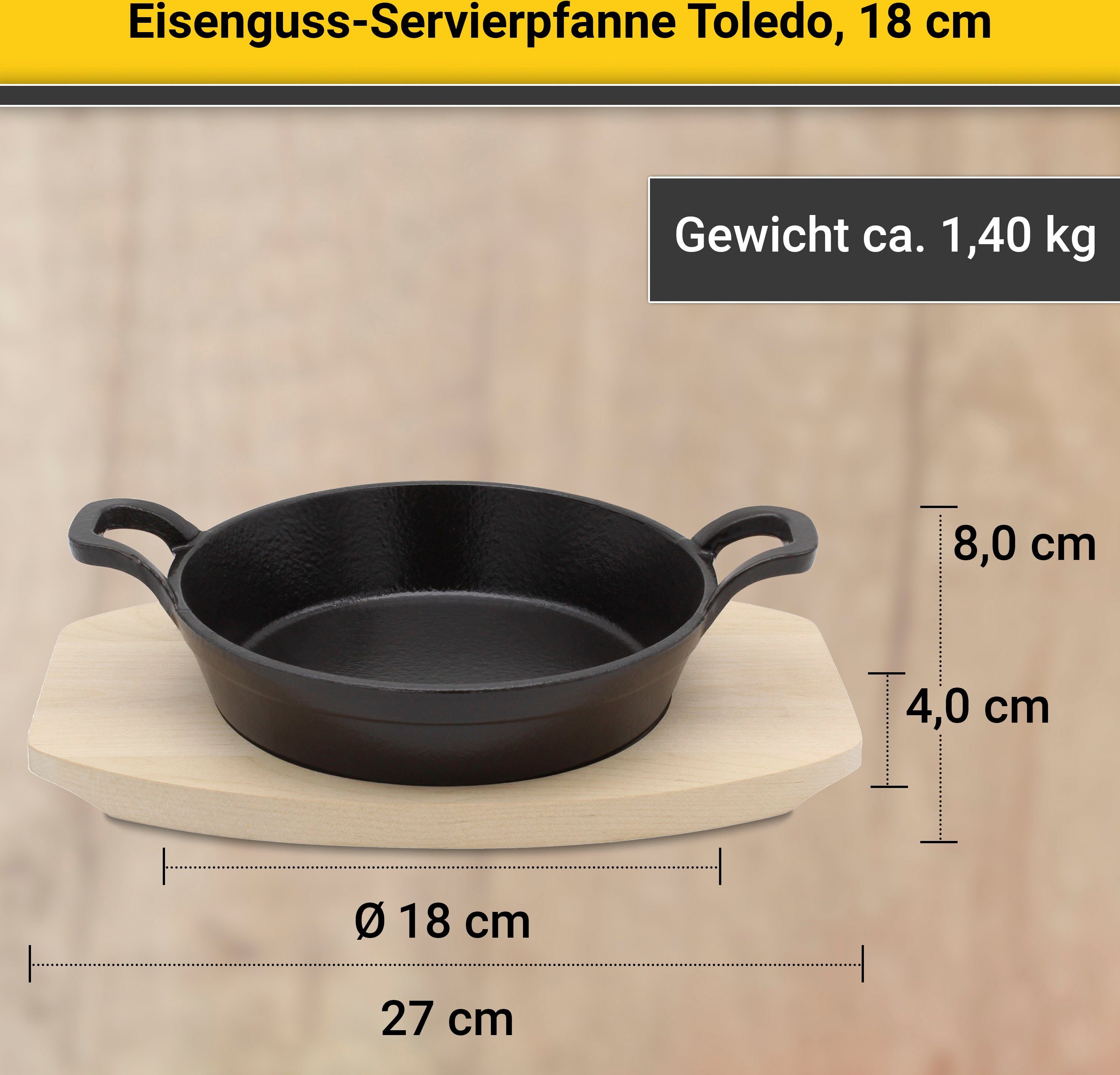 Krüger Serveerpan Gietijzeren braad- en serveerpan met houten bord TOLEDO, 18 cm (1-delig)