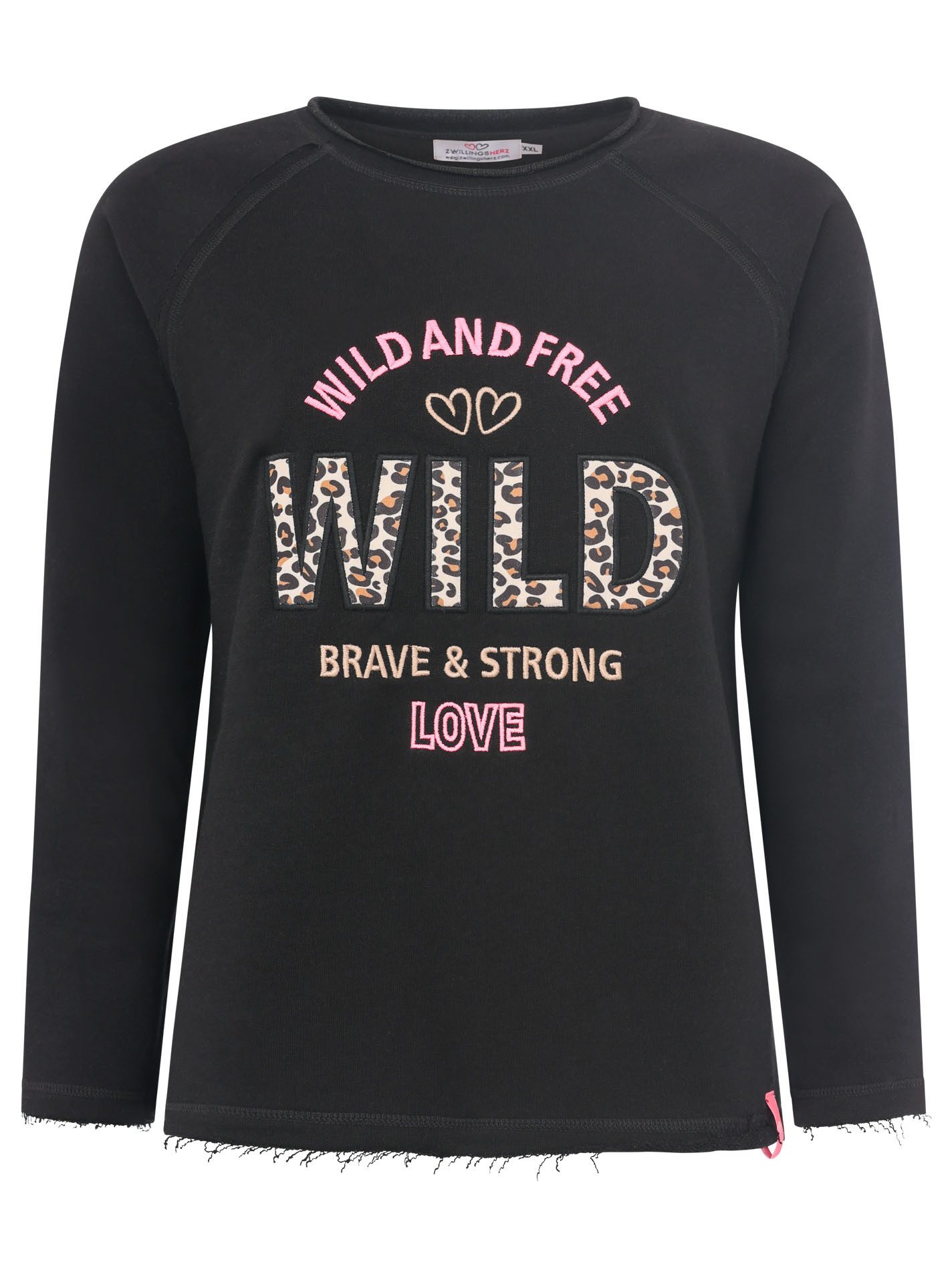 Zwillingsherz Sweater Wild and Free met used-look randen, leo-details en borduursel