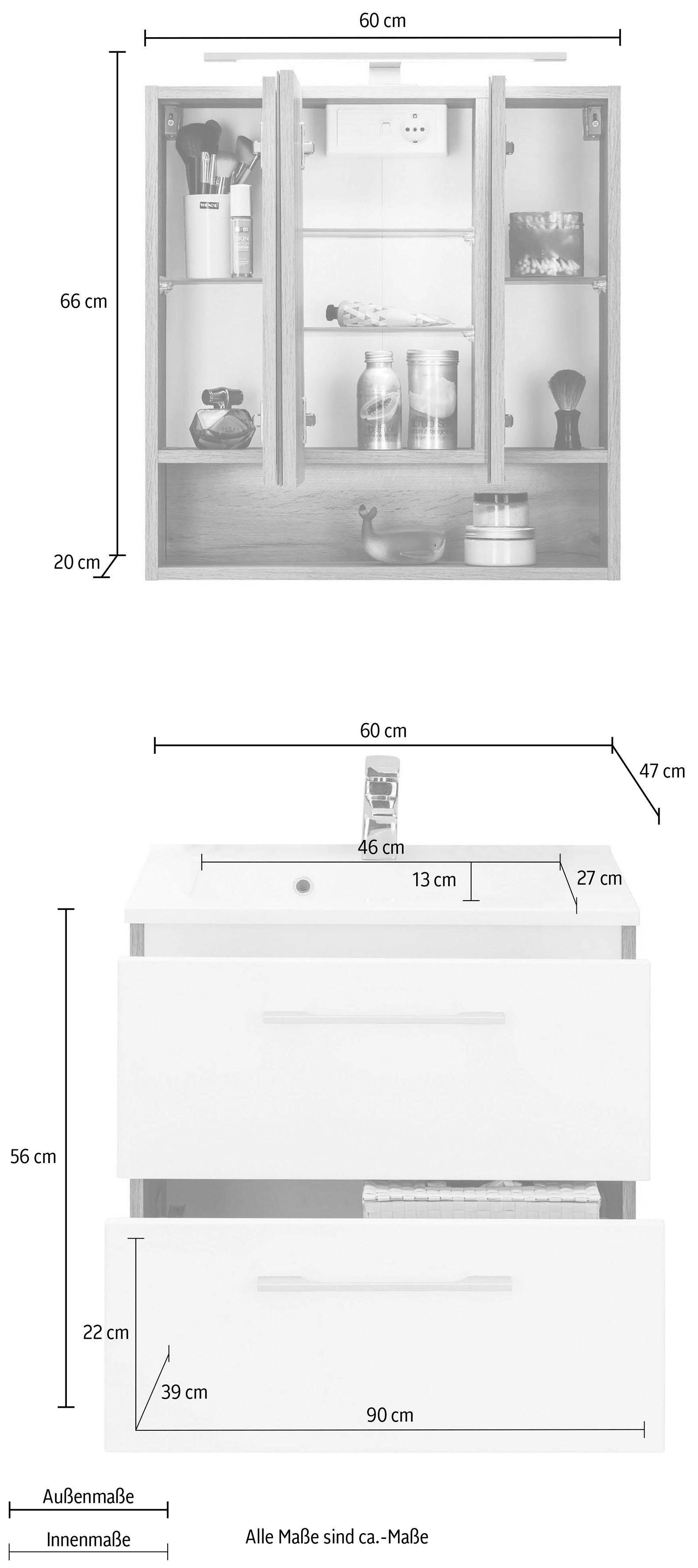 welltime Badkamerserie Soria Wastafelonderkast breedte 60 cm, spiegelkast (2-delig)