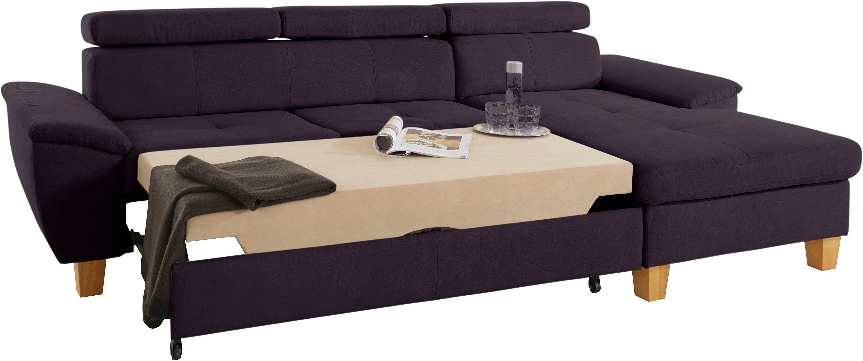 exxpo - sofa fashion Hoekbank Enya, uitgebreide afwerking, hoog zitcomfort, comfortabel, L-vorm inclusief verstelbare hoofdsteun, naar keuze met slaapfunctie en bedkist