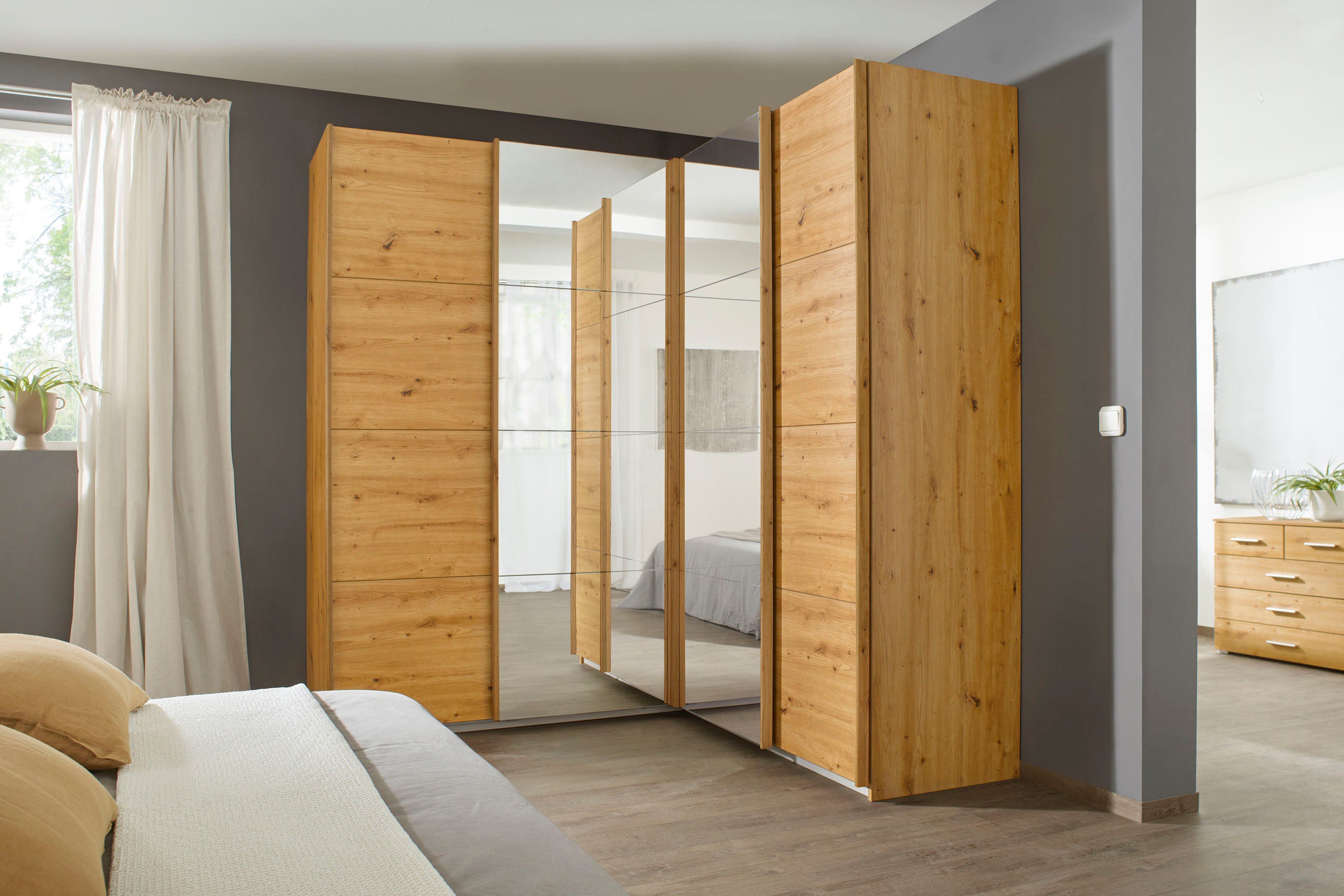 rauch Zweefdeurkast Quadra Hoekkast inclusief deurdemper en lade-inzet, met spiegeldeuren zweefdeurkasten maat 181 cm x 229 cm x 187 cm beige