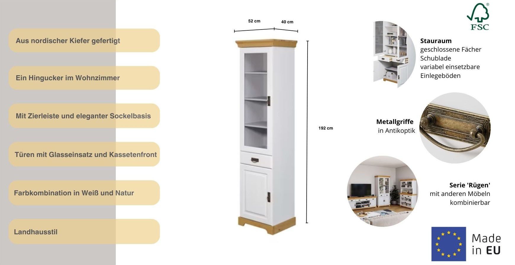 Home affaire Vitrinekast Rügen gecertificeerd massief hout, hoogte 192 cm, in landhuisstijl
