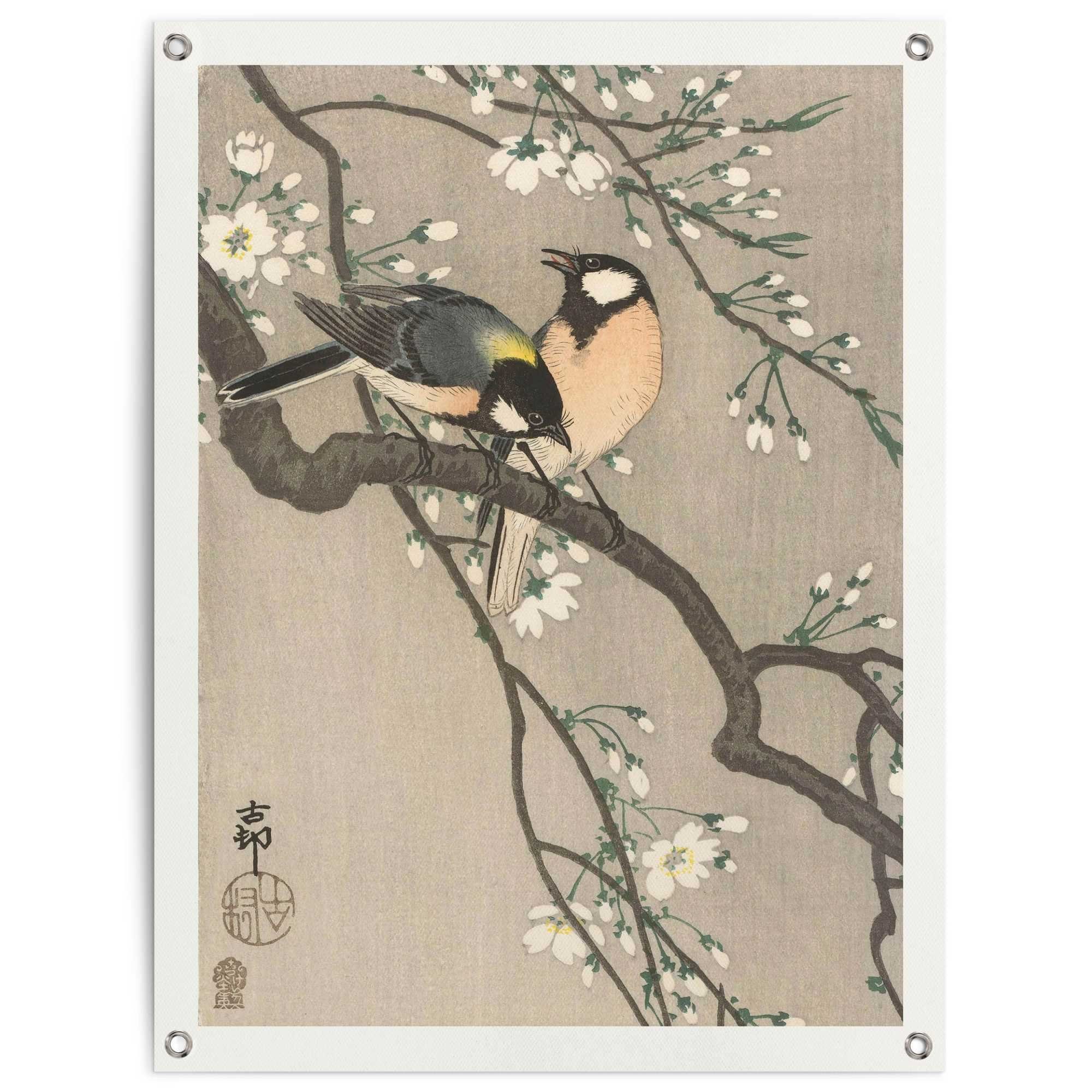 Reinders! Poster Ohara Koson Koolmezen op bloesemtak deurposters beige