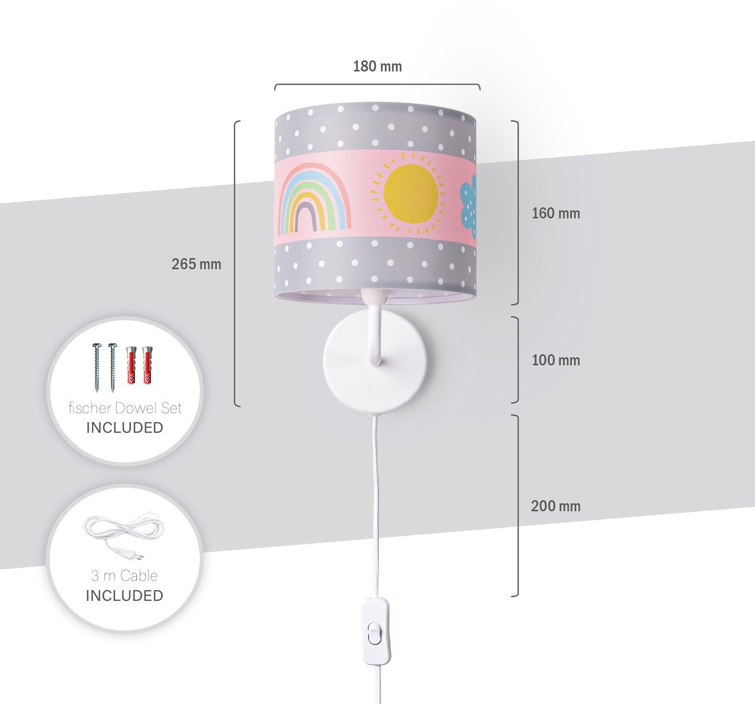 Paco Home Wandlamp Cosmo 962 Lamp kinderkamer stekker âˆ…18cm regenboog wolken zon E14