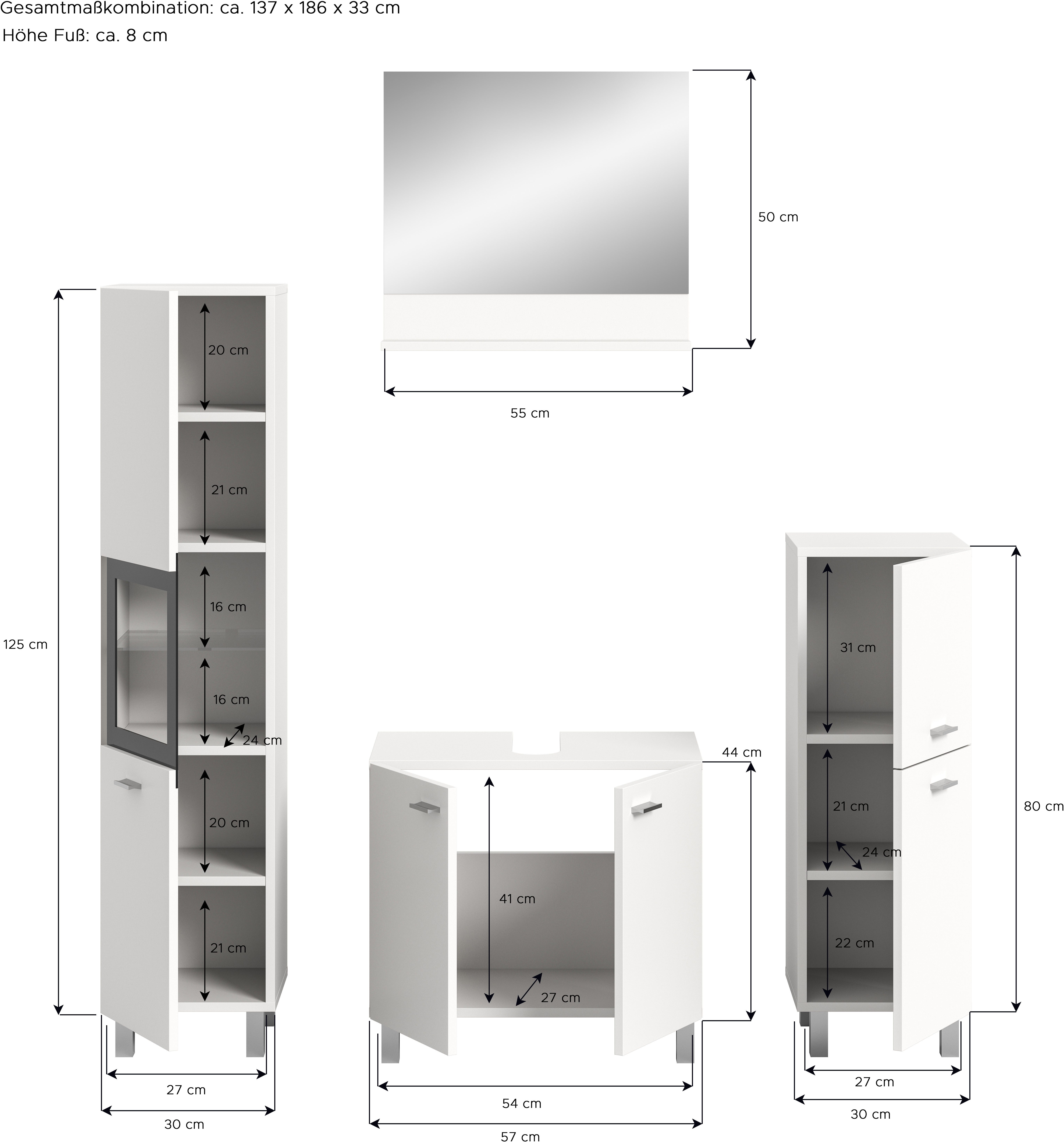 welltime Badmeubelset Tampa, breedte 137cm, 4-delig Wastafelonderkast, spiegel, hoge kast, midikast (4 stuks)