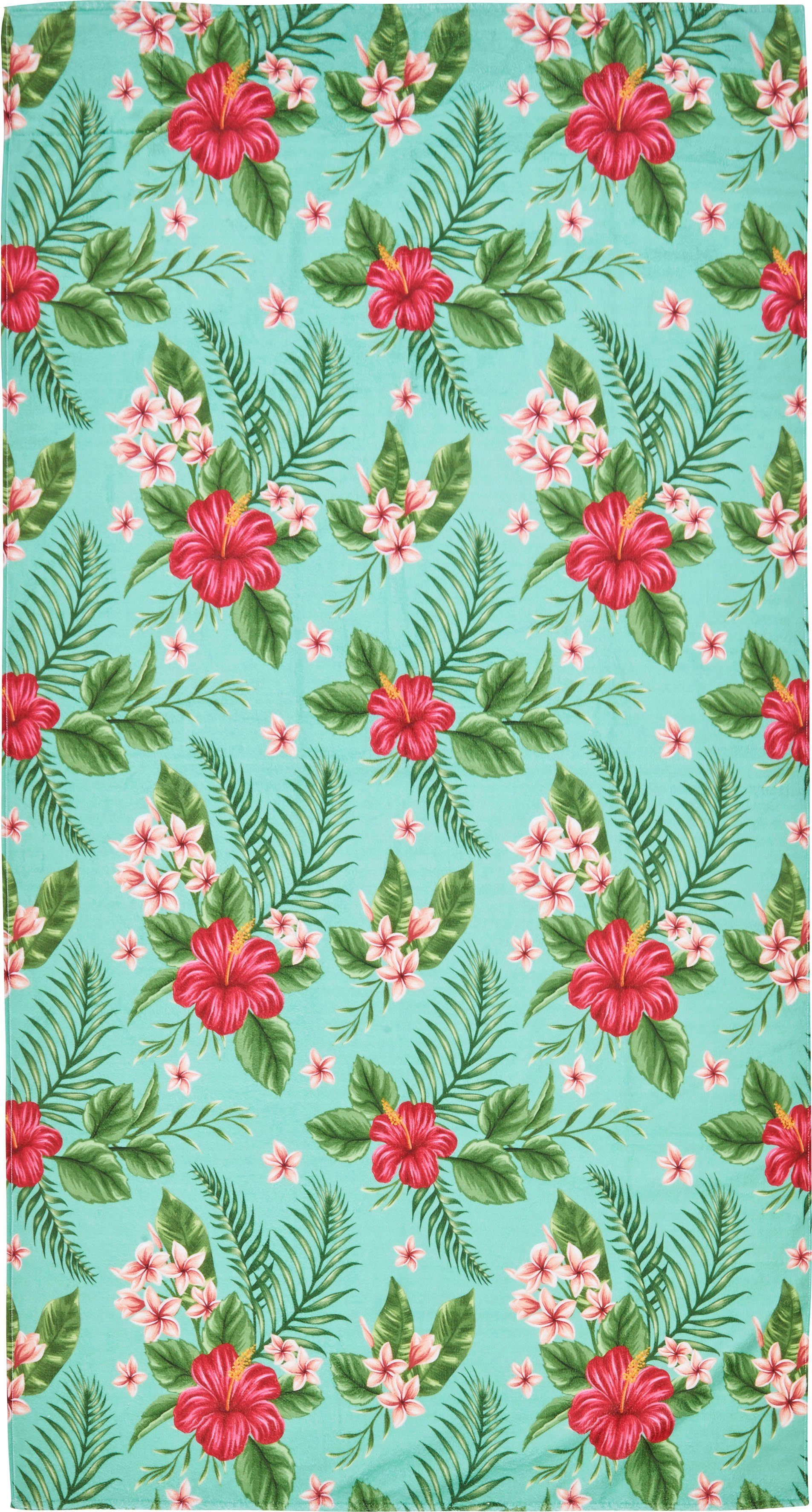 done.® Strandlaken Pink Flowers Bloemenmotief, met zak met rits voor waardevolle spullen (1 stuk)