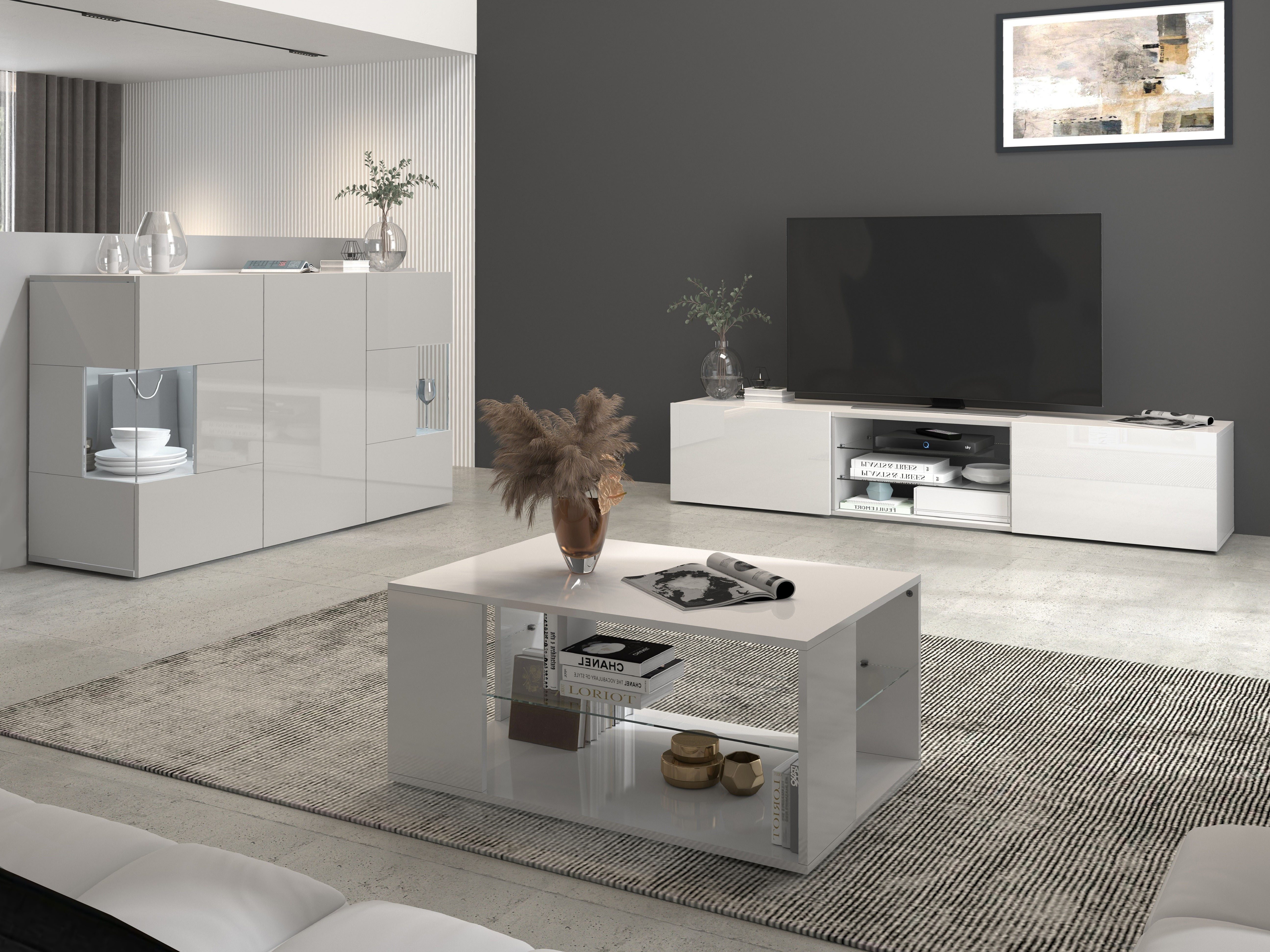 INOSIGN Tv-meubel Egypt, Lowboard, TV-ladekast, TV-meubel, TV-bank met 2 kleppen, 2 glazen planken, volledig hoogglans gelakt (b/d/h) 180x38x35 cm