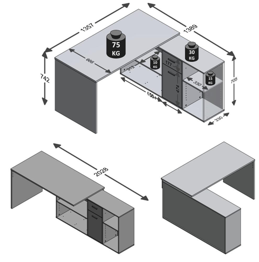 FMD Hoekbureau LEX variabel monteerbaar, breedte 136 / 205 cm, made in germany