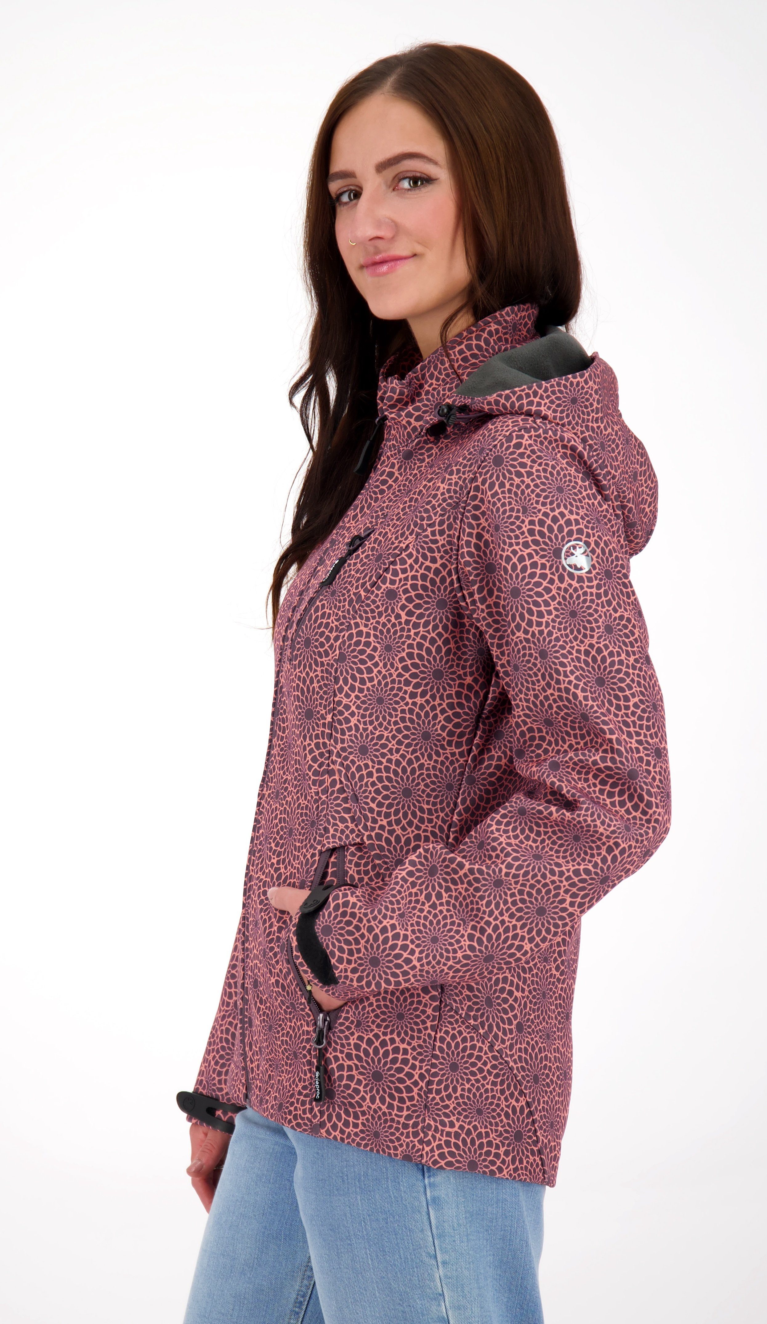DEPROC Active Softshell-jack SHELBY PEAK DC licht softshell-jack met all-over-print en afneembare capuchon
