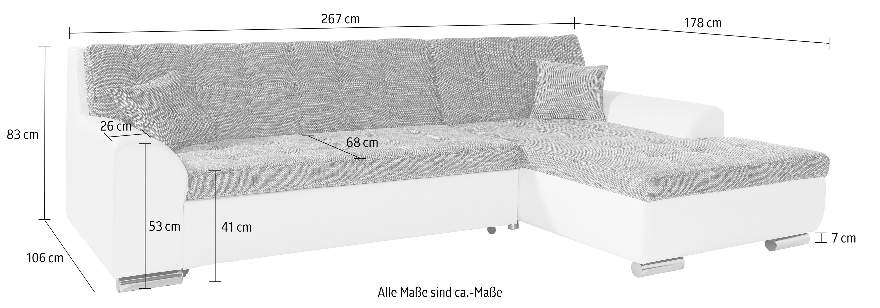 DOMO collection Hoekbank Treviso veel bekledingen, ook in cord, L-vorm, B/D/H: 267/80/83 cm optioneel met slaapbank functie, incl. sierkussens, hoogwaardig doorgestikt patroon