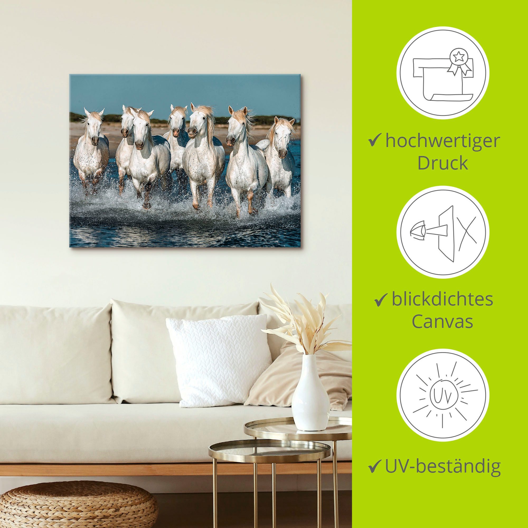 Artland Artprint Camargue paarden galopperen op het strand als artprint van aluminium, artprint voor buiten, artprint op linnen, poster, muursticker
