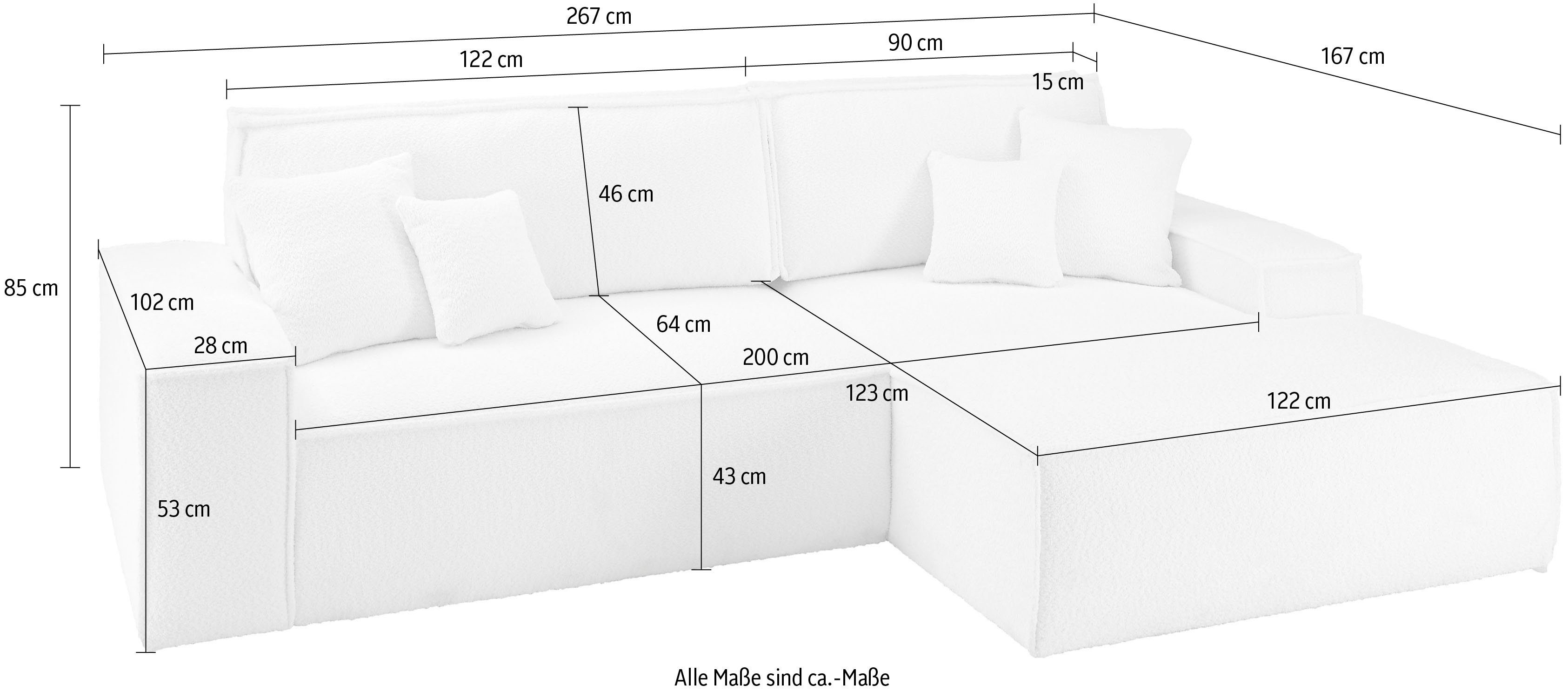 andas Hoekbank Finnley slaapbank 267 cm in Bouclé, fijne structuur en cord, L-vorm