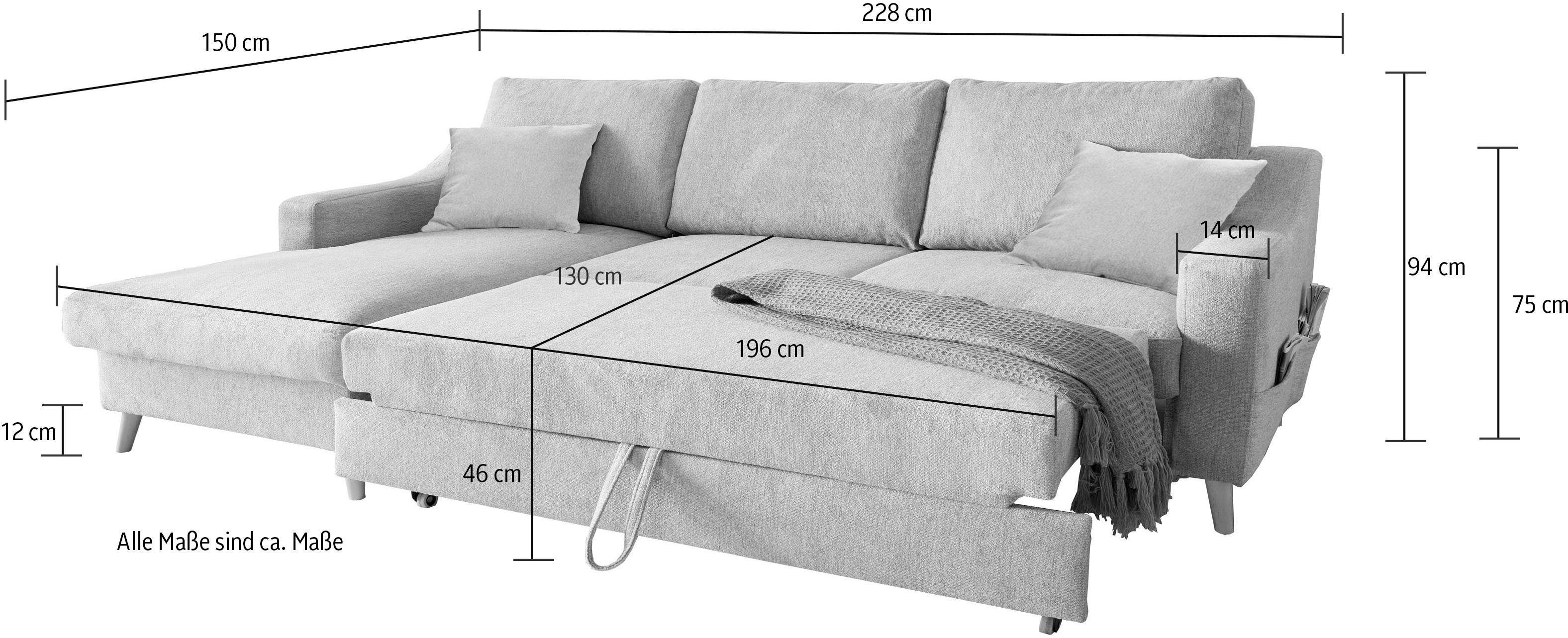 INOSIGN Hoekbank Valentina L-vorm 2 sierkussens, met zijvak, uittrekbare matrasbodem, bedbox