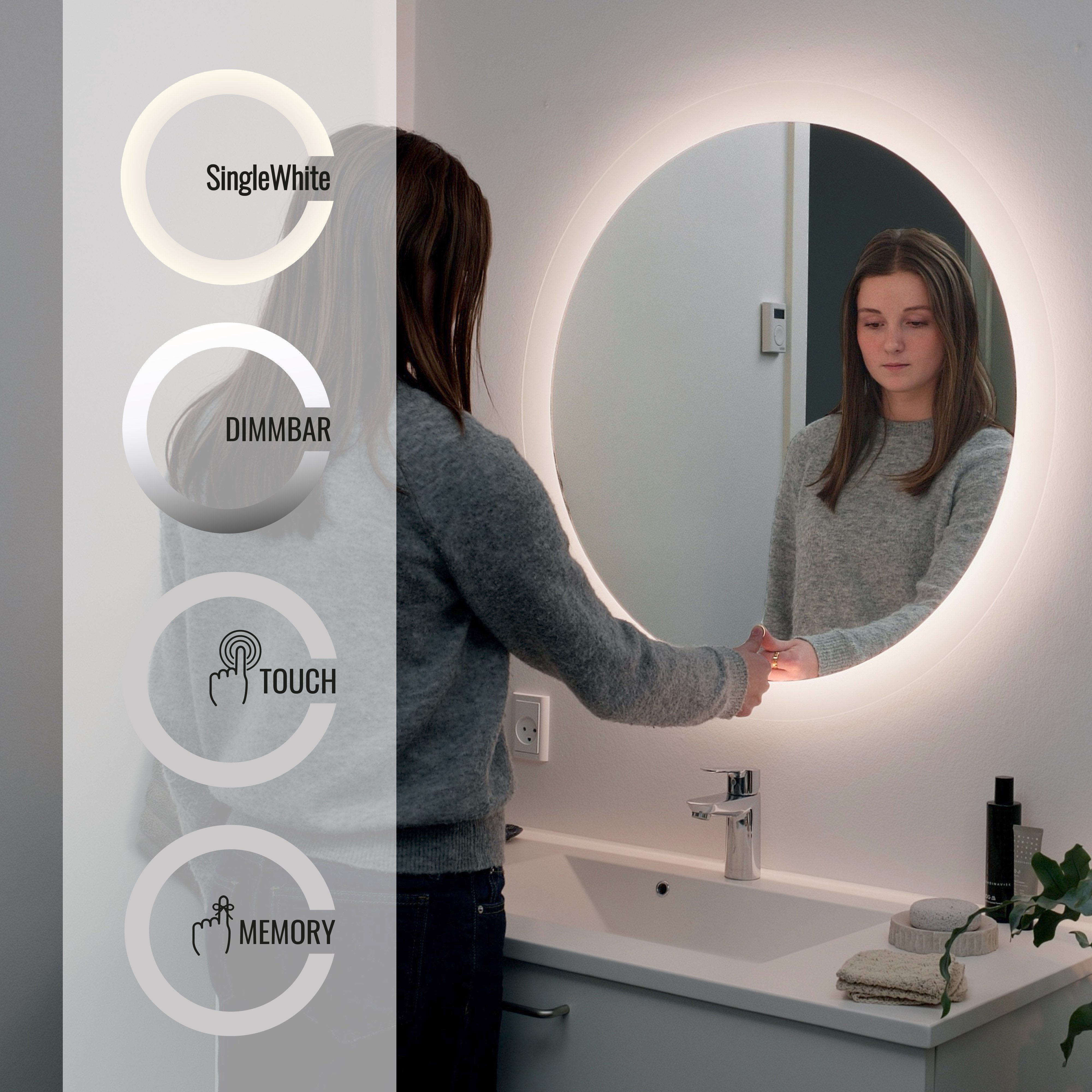 Loevschall Badspiegel Vega rond, badkamerspiegel met LED-verlichting, lichtspiegel Touchpanel voor Lichtbediening, Dimbare Spiegel, Deens Ontwerp (1 stuk)