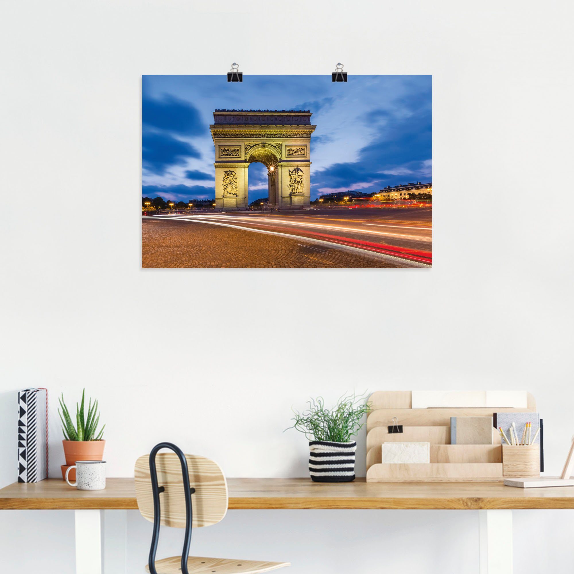 Artland Poster Parijs Triomfboog 's avonds als artprint van aluminium, artprint op linnen, muursticker of poster in verschillende maten