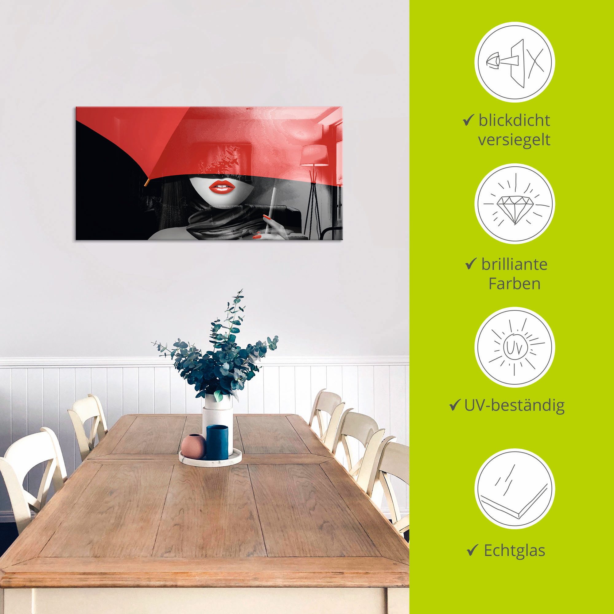 Artland Print op glas Rode lippen onder de paraplu