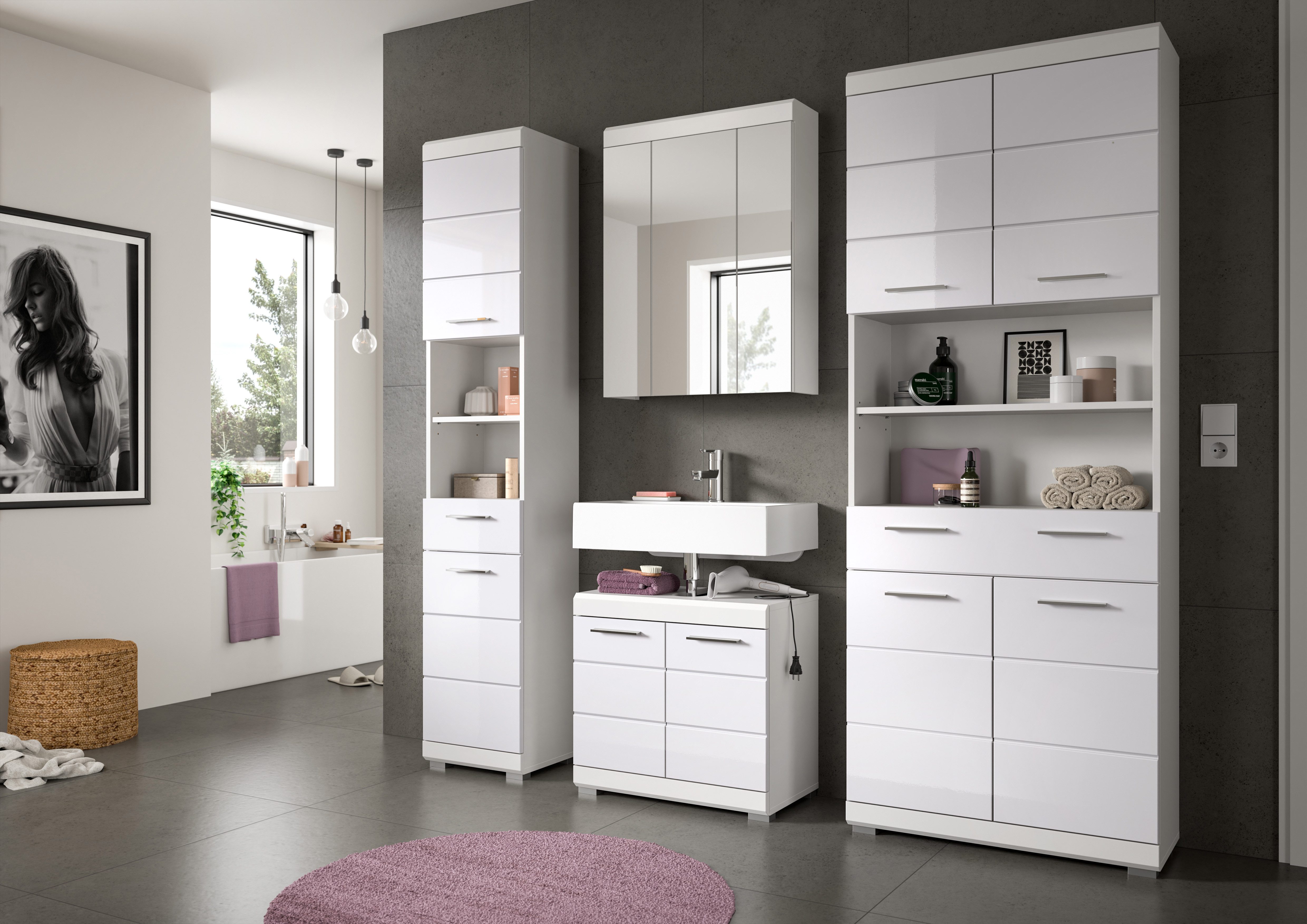 INOSIGN Hoge kast Siena, breedte 74 cm, 4 deuren, 1 lade, 2 open vakken, MDF-front in verschillende kleuren verkrijgbaar, badkamermeubels, badkamerkast, kast, badkamer