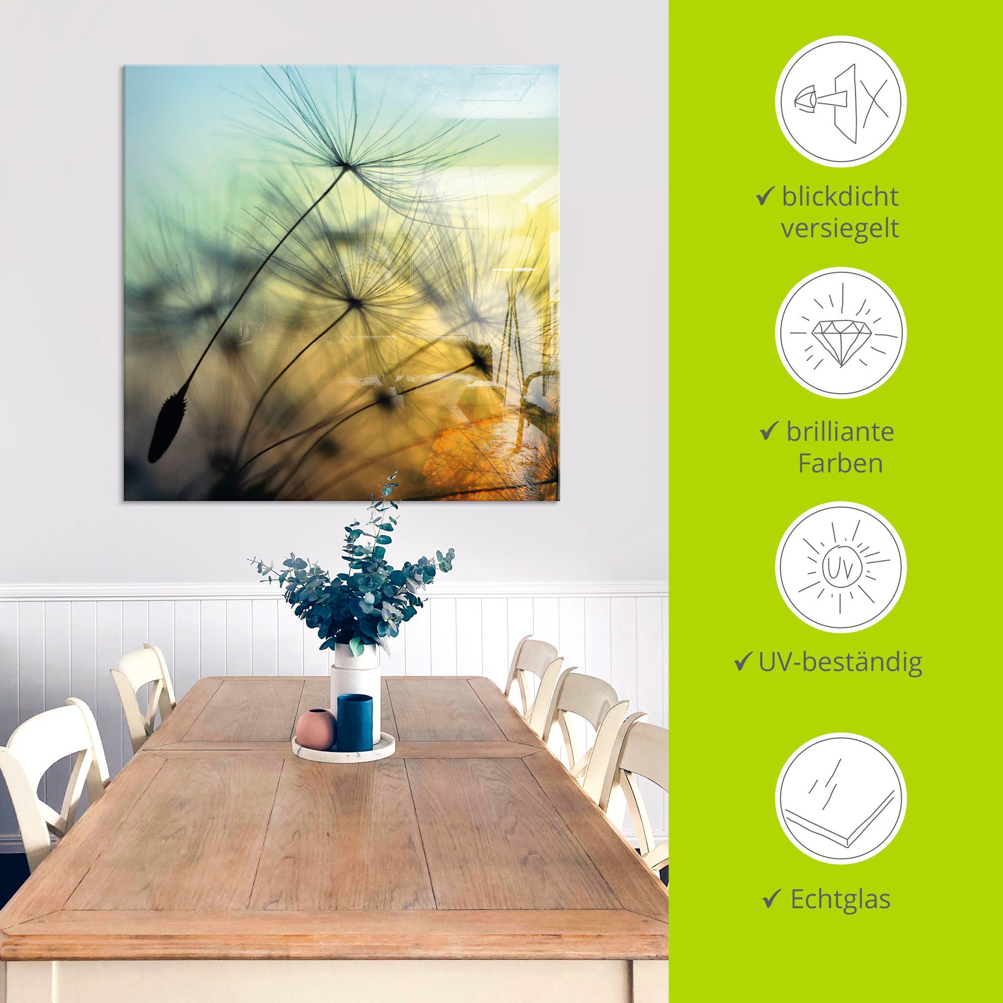 Artland Print op glas Goudkleurige zonsondergang en paardenbloemen