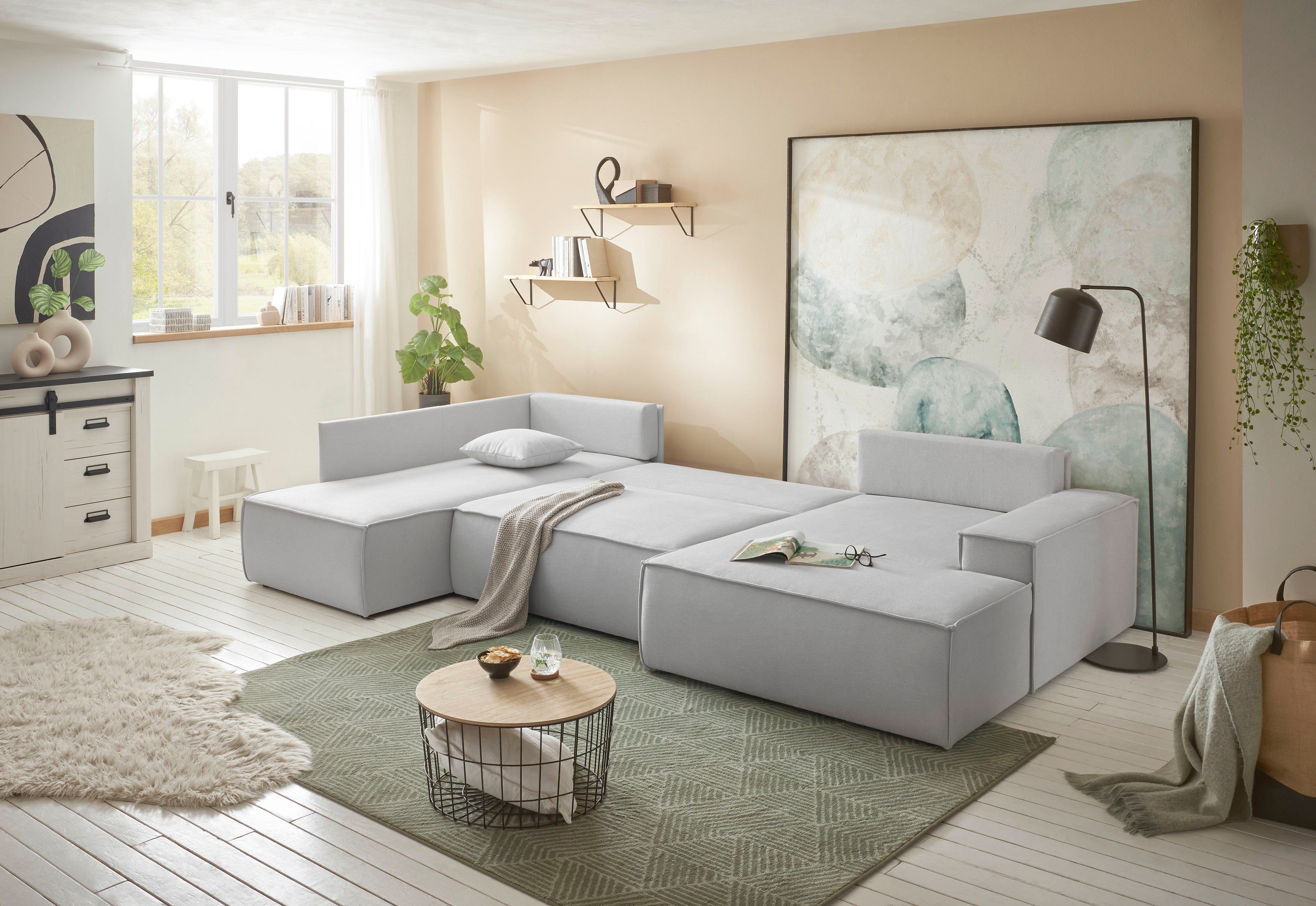 andas Zithoek FINNLEY U-model XXL 329 cm, bedbank, slaapfunctie m. bedkist