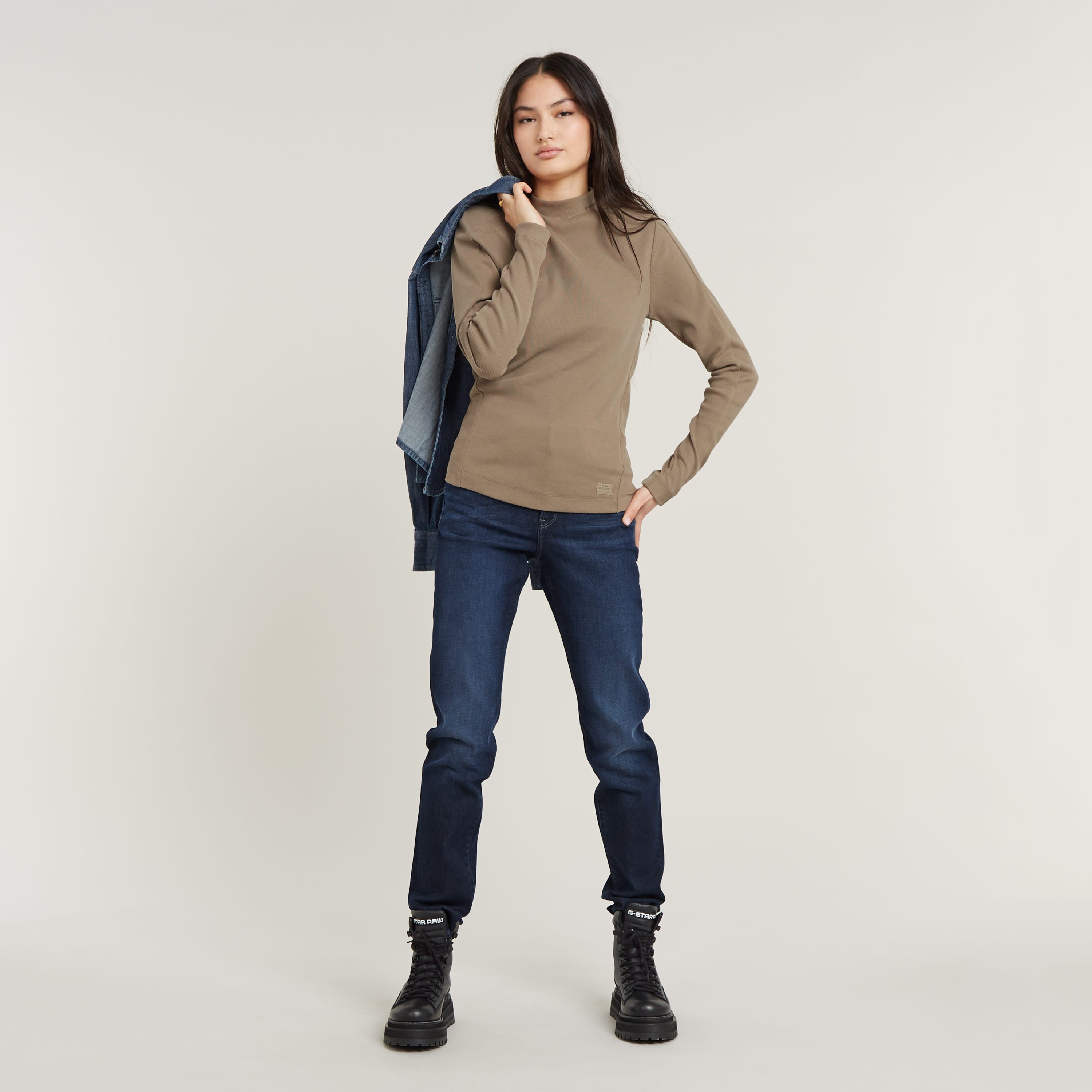 G-Star RAW Longsleeve Rib Mock Top met merkenopdruk op de kraag