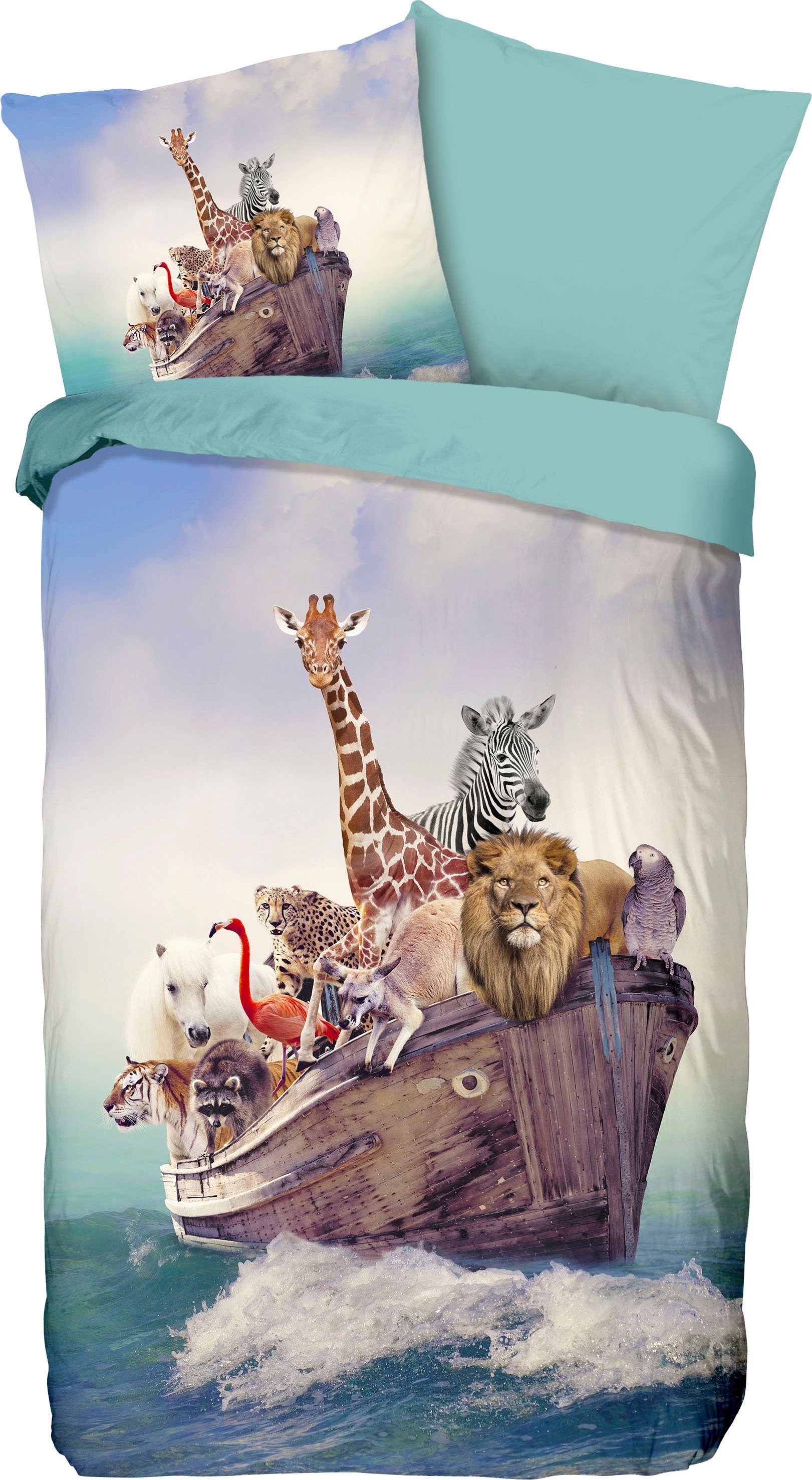 good morning Kinderovertrekset Noah5 Katoen, 135x200, Rits, Omkeerbaar, Kind, Dier Ark van Noach, Blauw (2-delig)