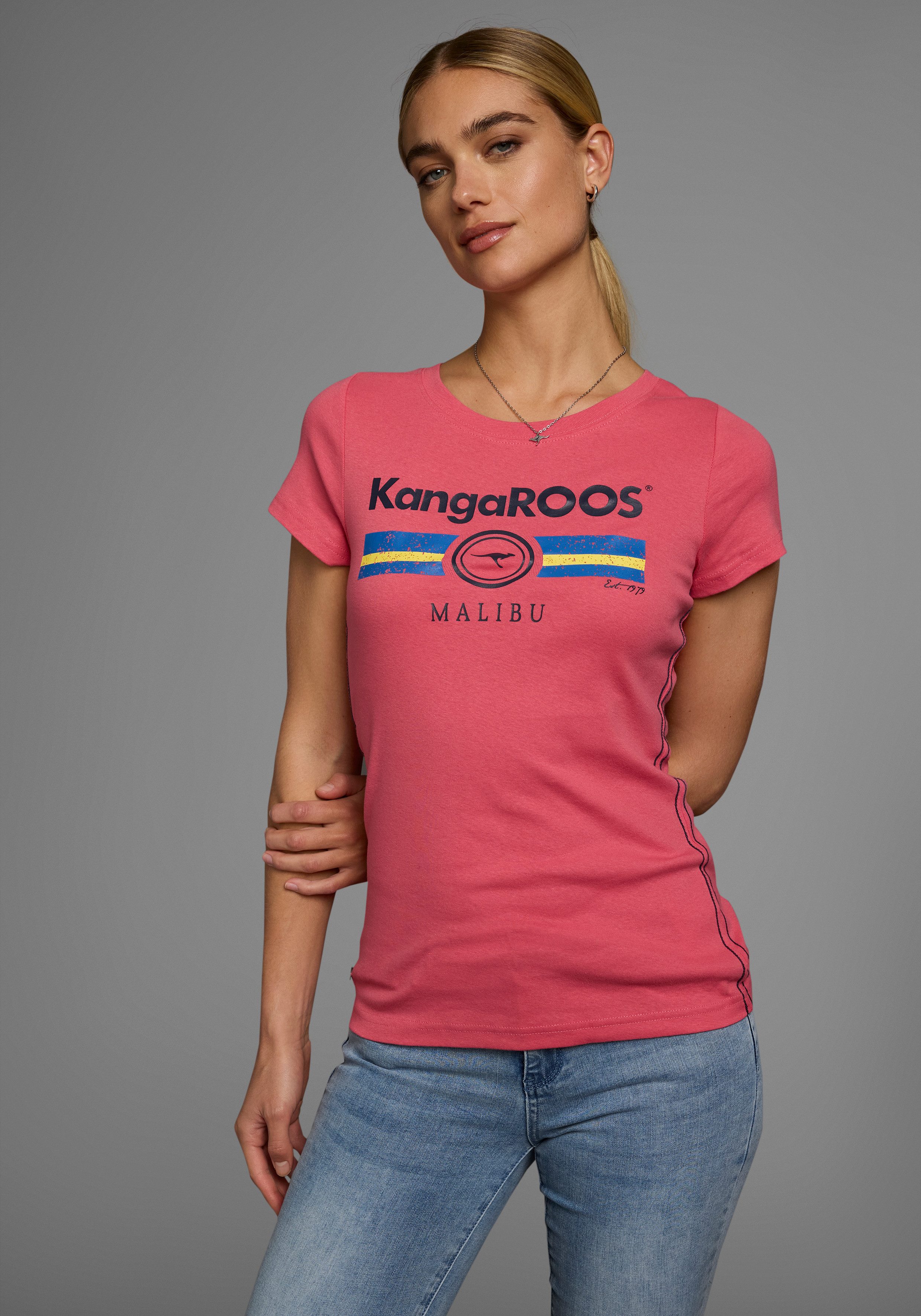 KangaROOS T-shirt Korte mouwen, effen en bedrukt, ronde hals (1-delig) dames t-shirts maat 44/46 (L) roze