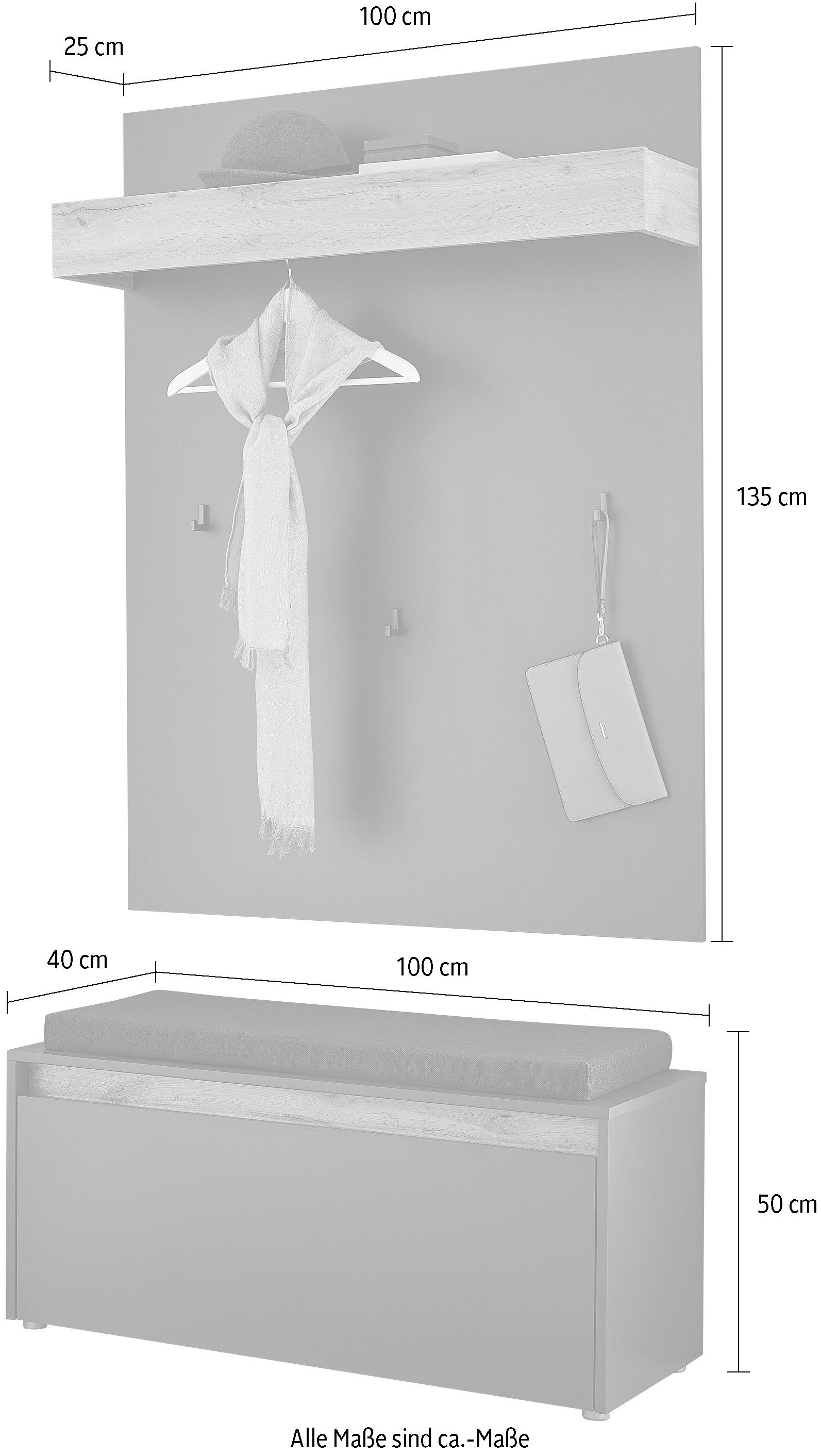 INOSIGN Halmeubelset GIRON/ CiTY, Garderobe in Wotan Eik, moderne garderobekast bevat garderobe paneel & schoenenbank incl. zitkussen, 100 cm breed (complete set, 2-delig)