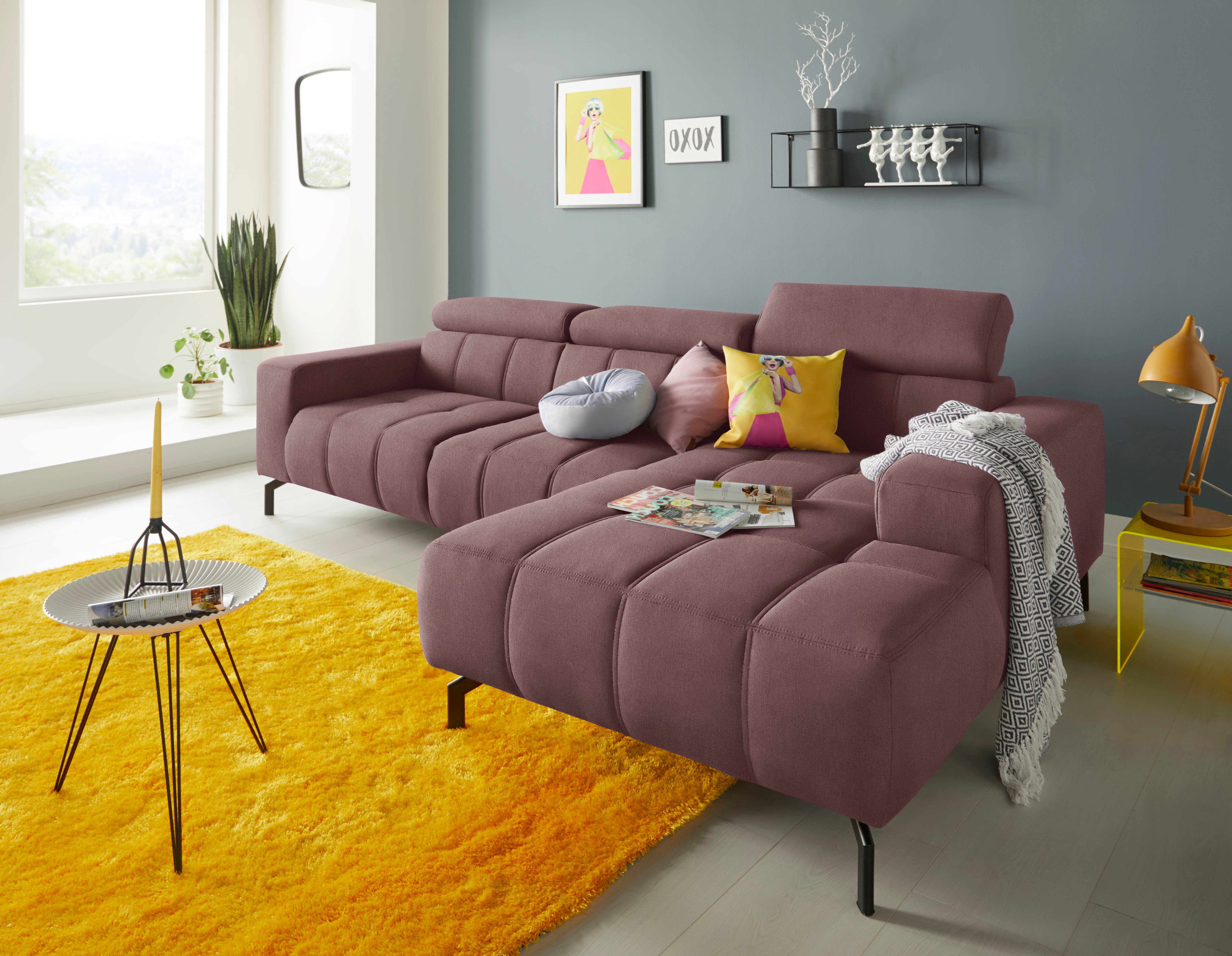 DOMO collection Hoekbank Cunelli mooie zitnaden als designelement, stevige zitcomfort, L-vorm paars, hoekbanken, Récamier rechts, Met verstelbaar
